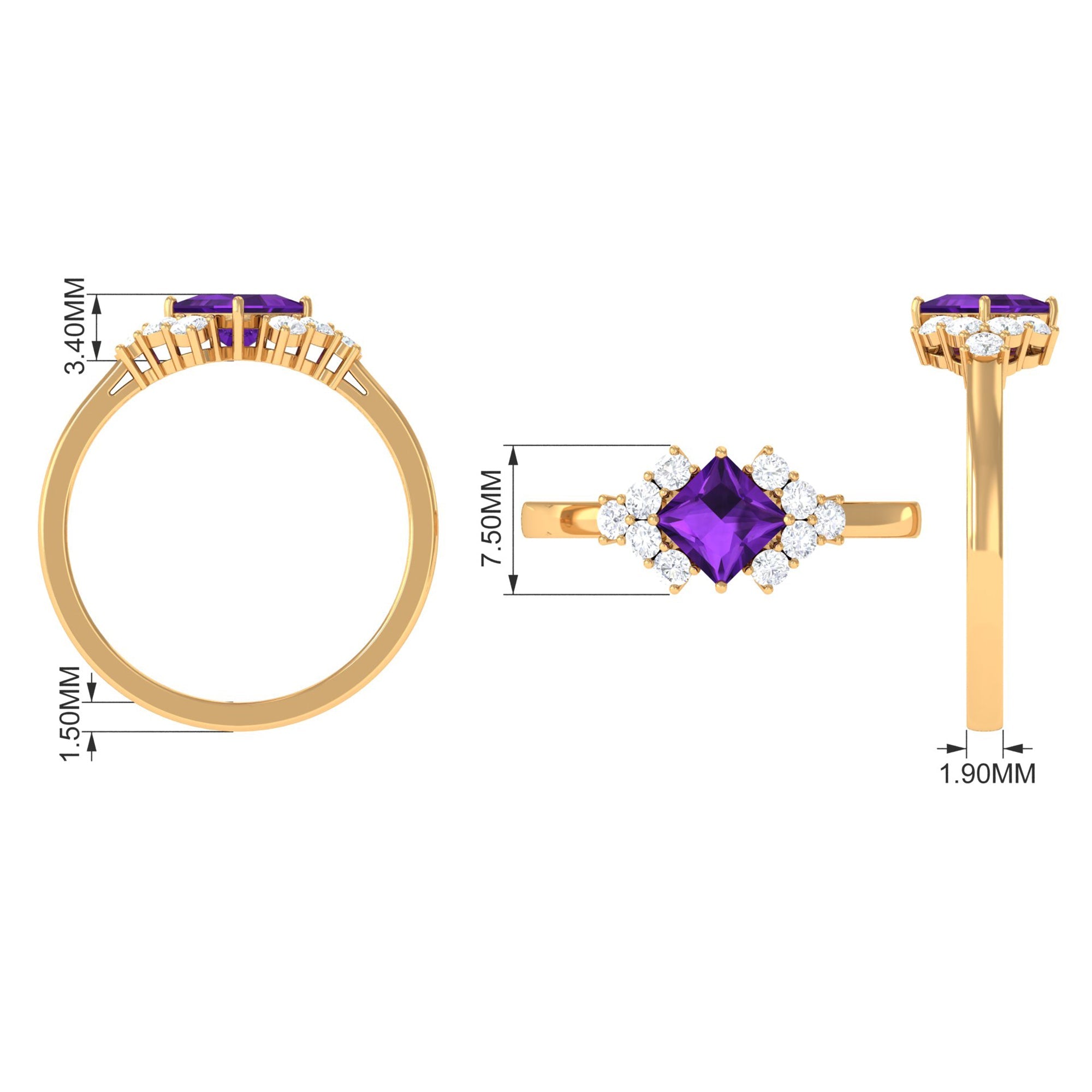 Princess Cut Amethyst Designer Engagement Ring with Diamond