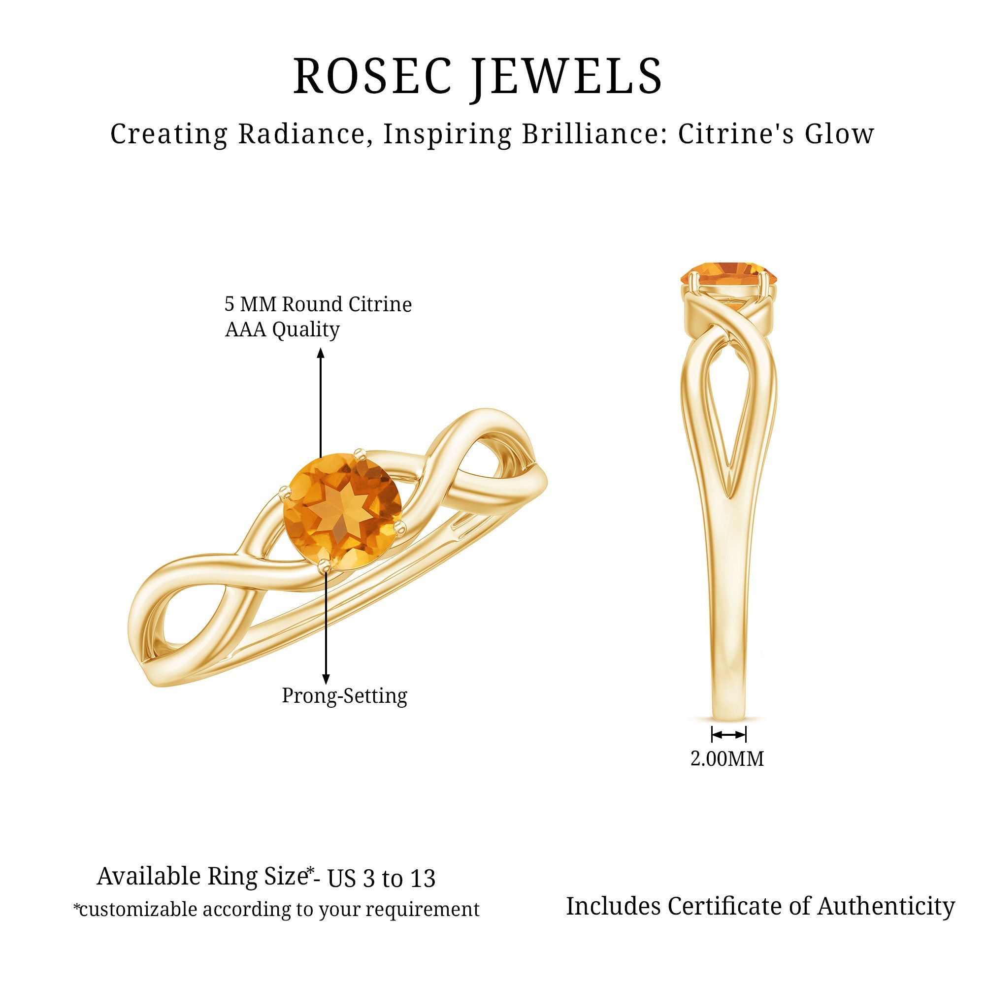 Certified Real Citrine Infinity Promise Ring with