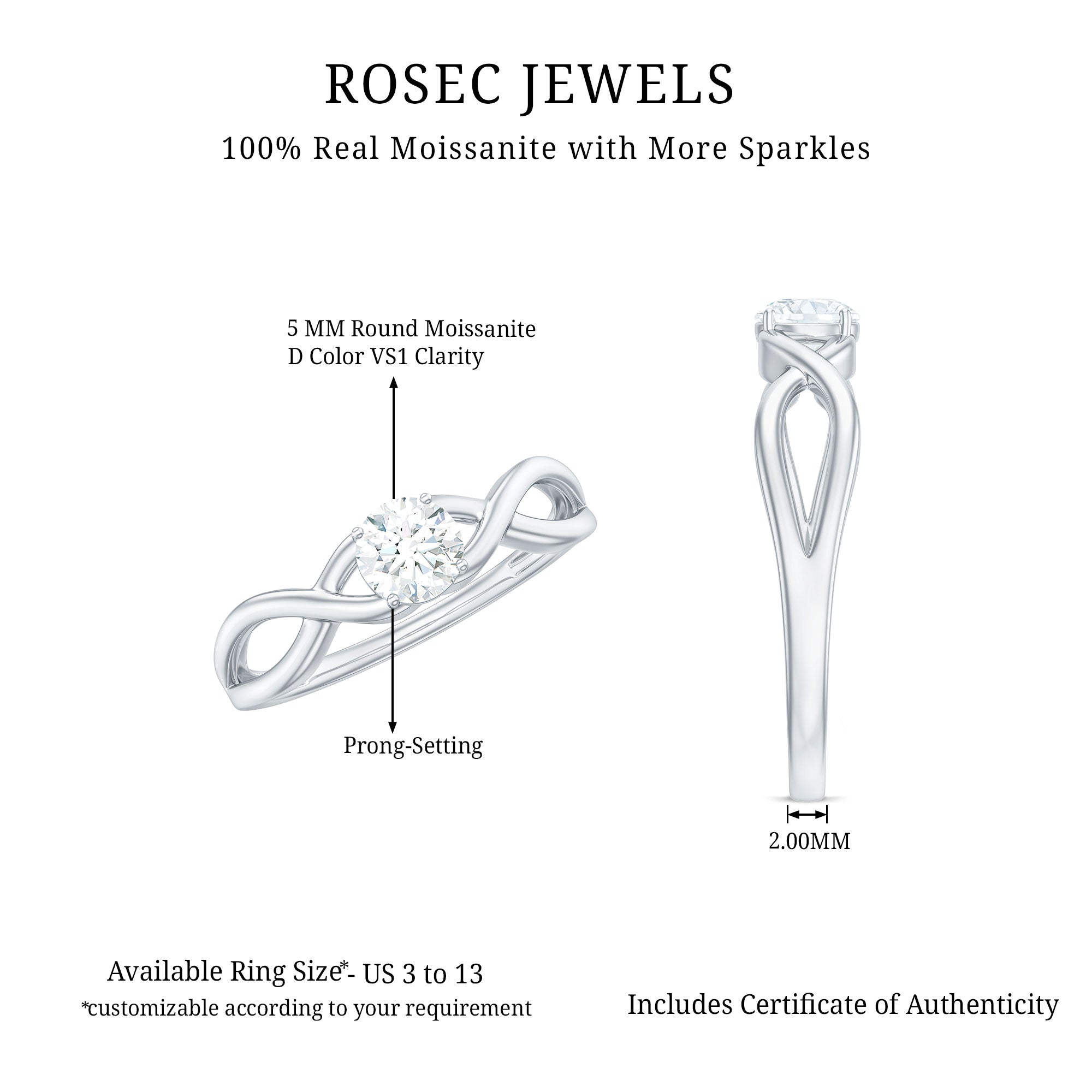 Round Moissanite Solitaire Promise Ring with Infinity Band