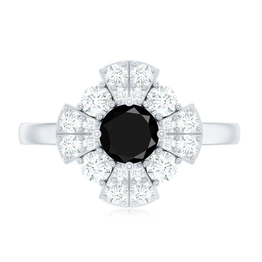 Natural Black Spinel Flower Engagement Ring with Moissanite