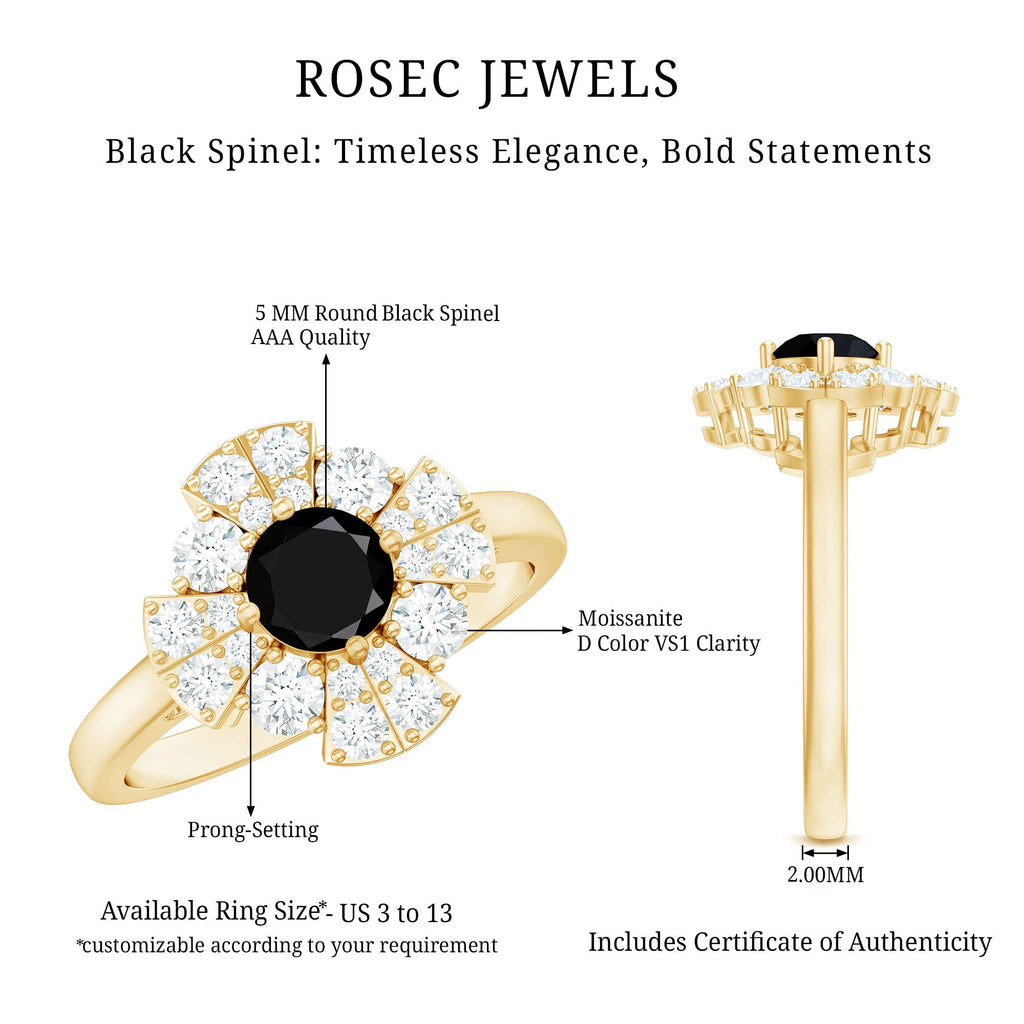 Natural Black Spinel Flower Engagement Ring with Moissanite