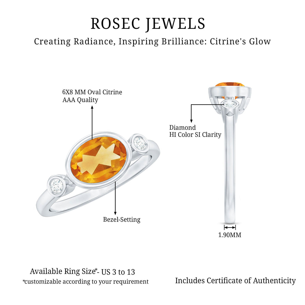 Natural 6X8mm Citrine Diamond Oval Engagement Ring in Bezel Set