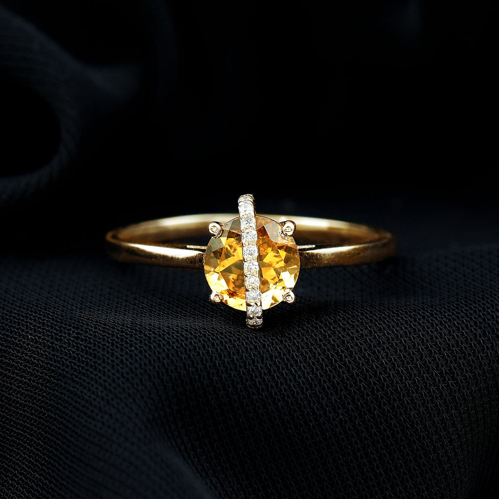0.75 CT Designer Round Shape Citrine Ring with Diamond Stones