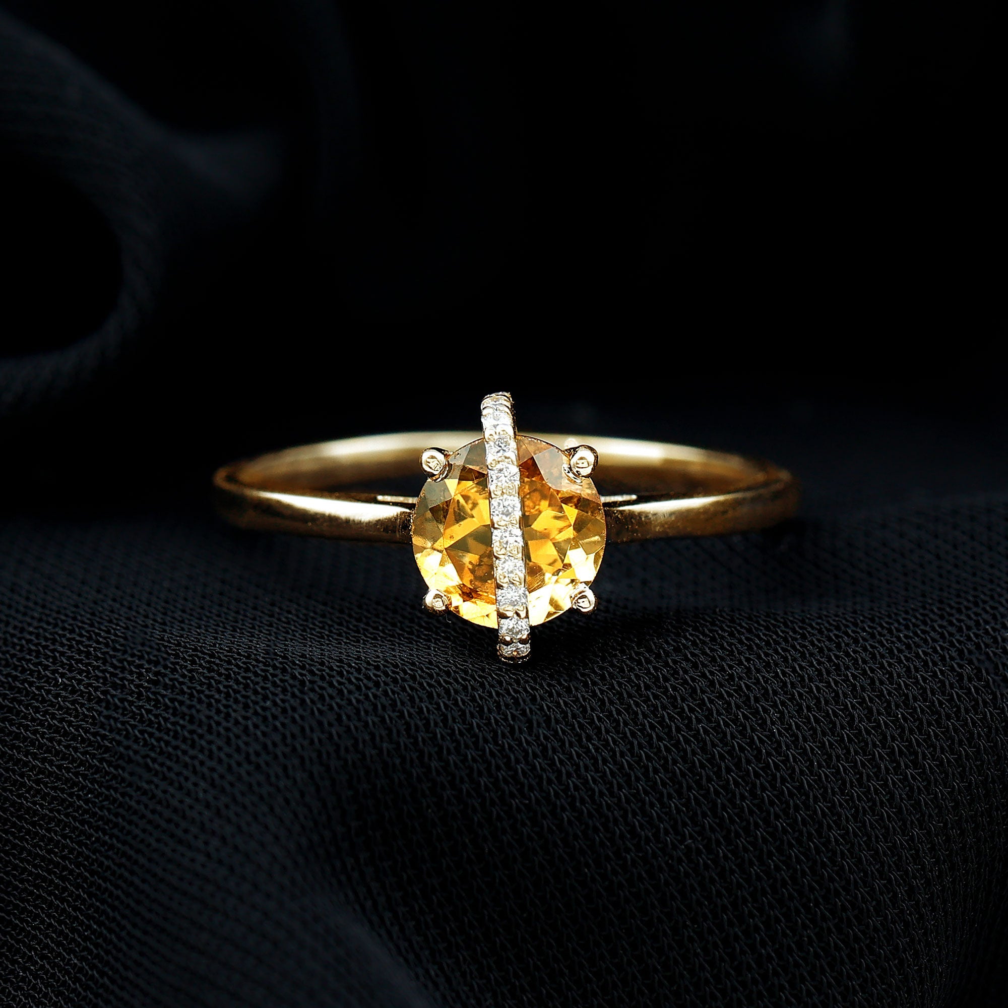 0.75 CT Designer Round Shape Citrine Ring with Diamond Stones