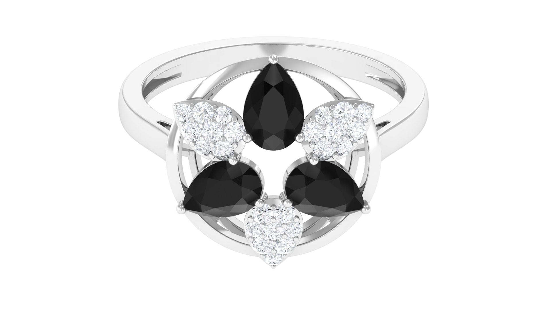 1.25 CT Black Spinel and Diamond Flower Cocktail Ring