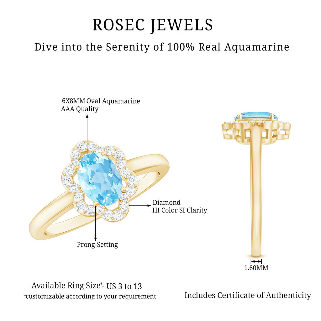 1.25 CT Oval Aquamarine Cocktail Engagement Ring with Diamond Floral Halo