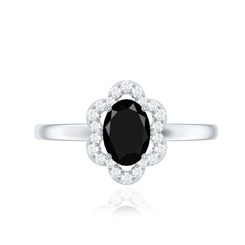 Certified Oval Cut 6X8MM Black Onyx Flower Engagement Ring with Diamond Halo