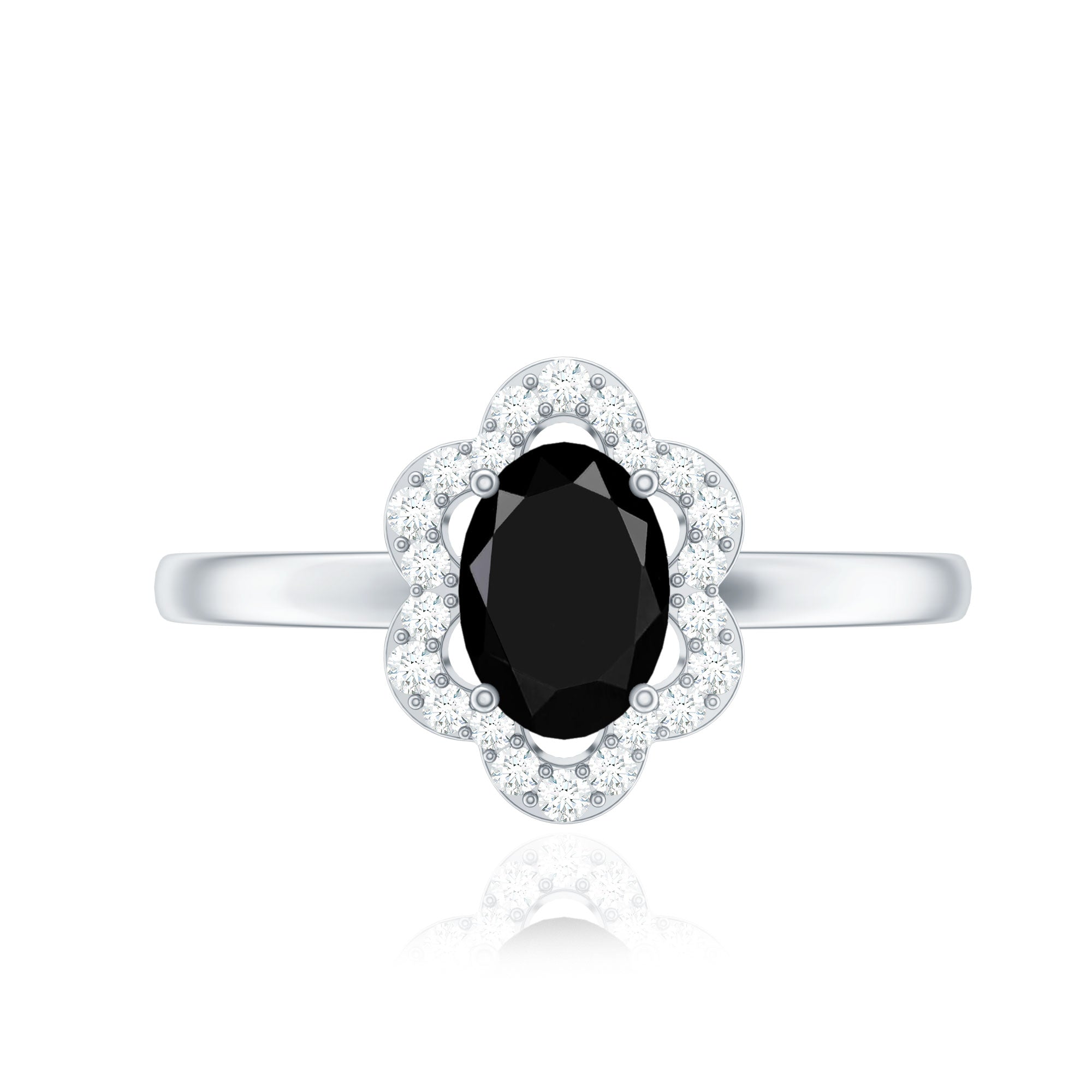 Certified Oval Cut 6X8MM Black Onyx Flower Engagement Ring with Diamond Halo