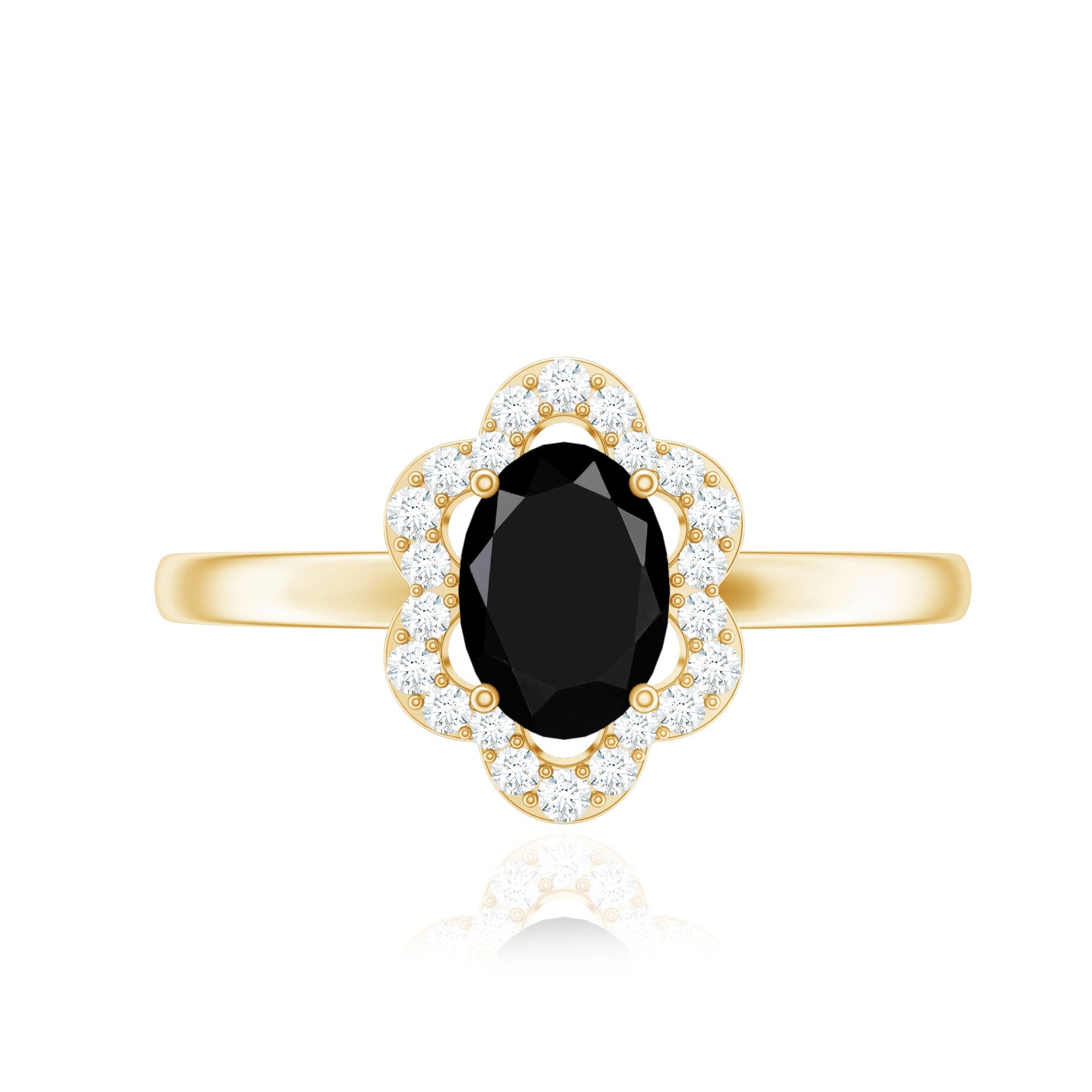 Certified Oval Cut 6X8MM Black Onyx Flower Engagement Ring with Diamond Halo