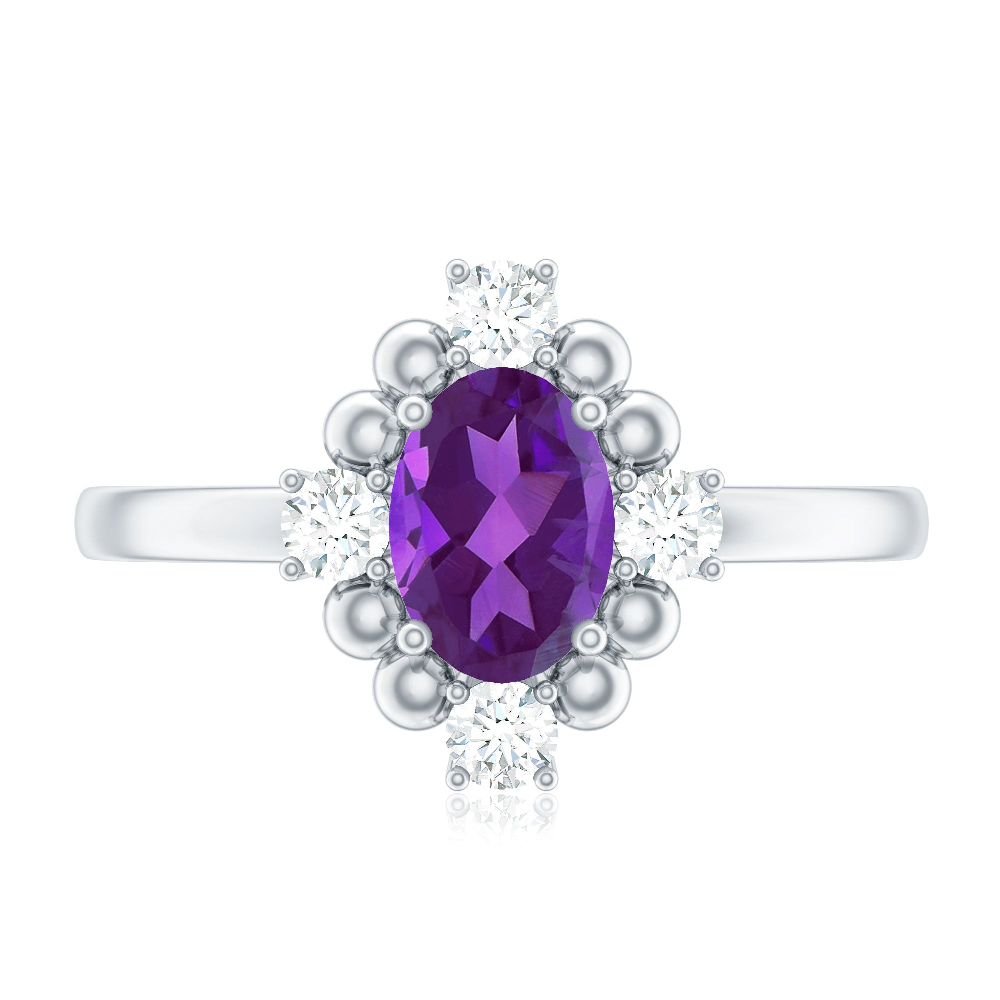 Oval Amethyst and Diamond Cocktail Ring with Beads
