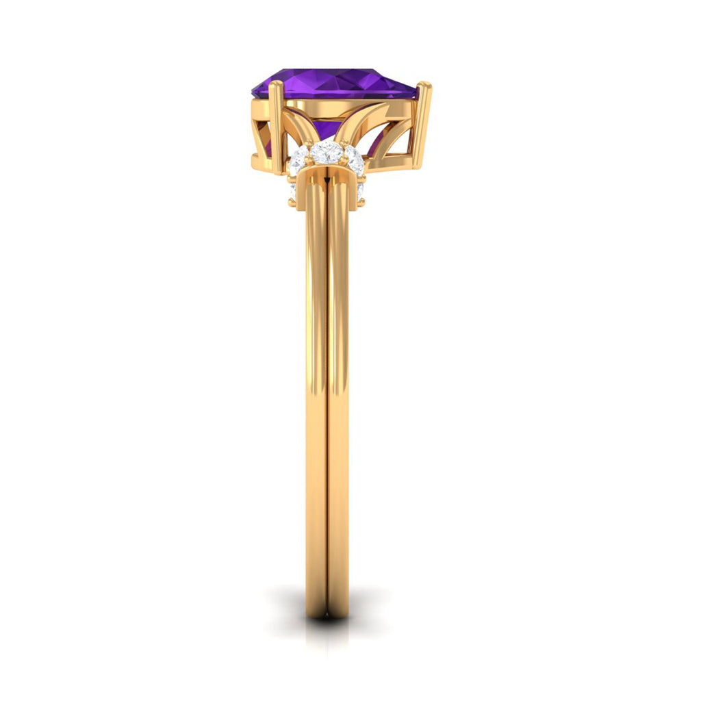 Pear Cut Amethyst Solitaire Ring with Diamond in Split Shank