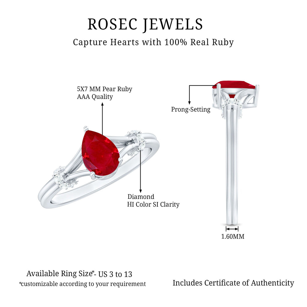 Pear Ruby Solitaire Ring with Diamond in Split Shank