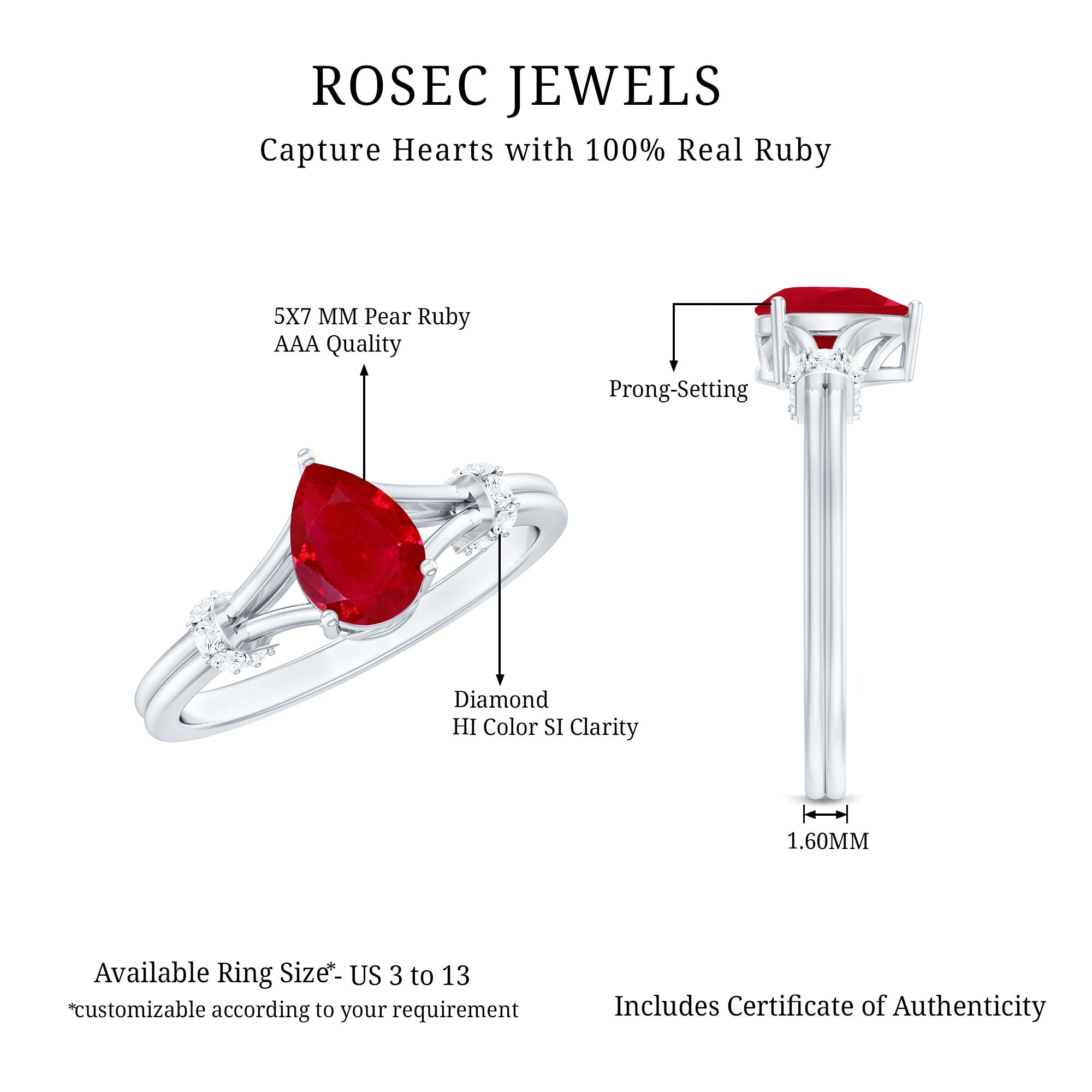 Pear Ruby Solitaire Ring with Diamond in Split Shank