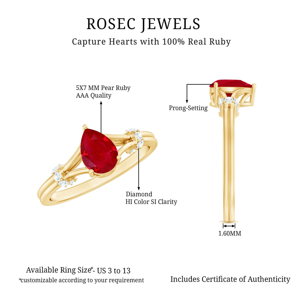 Pear Ruby Solitaire Ring with Diamond in Split Shank