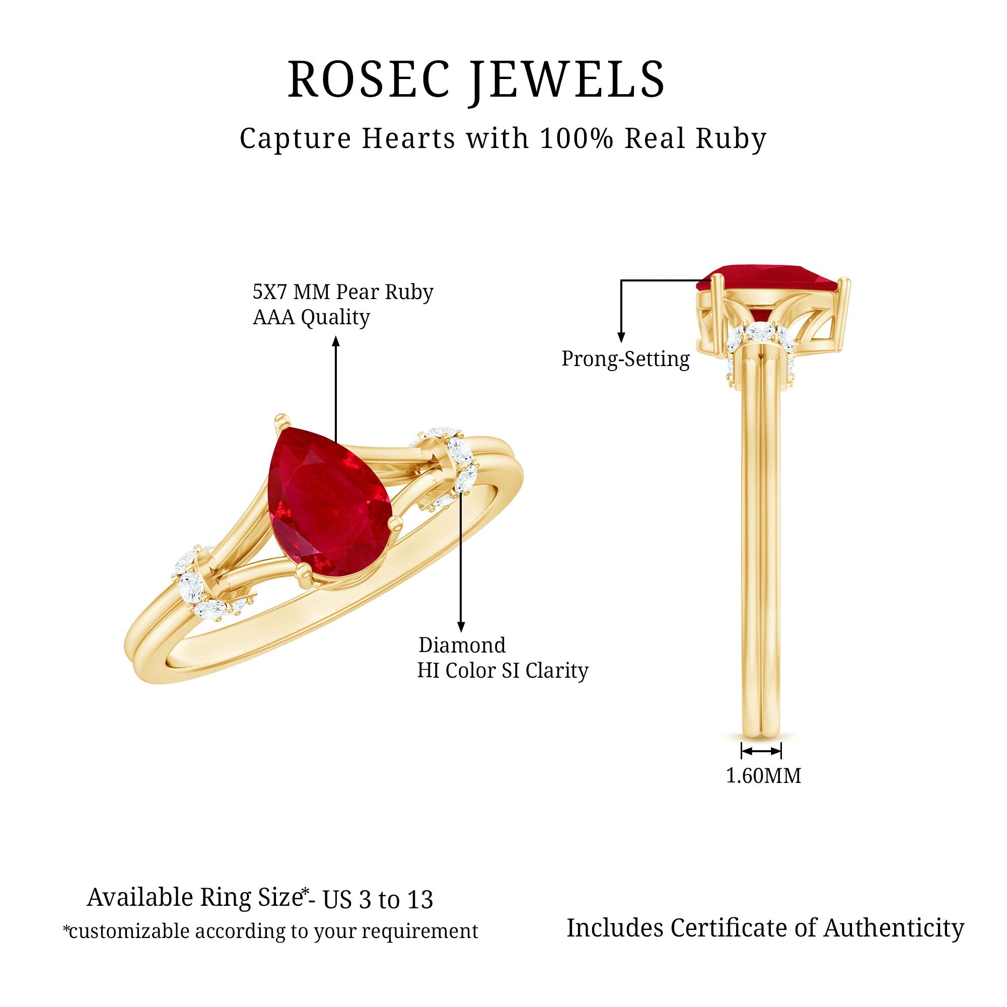 Pear Ruby Solitaire Ring with Diamond in Split Shank