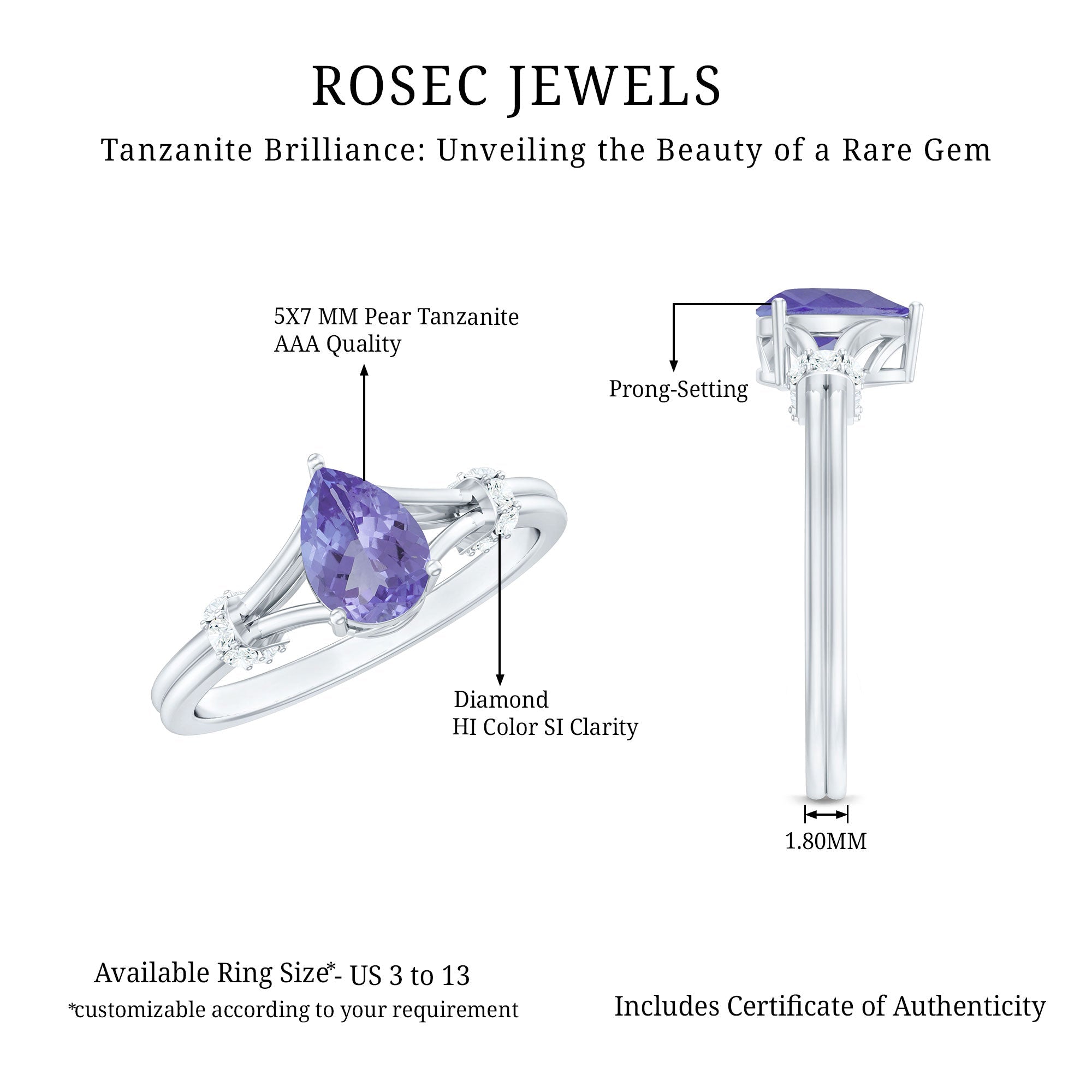 Natural Pear Shape Tanzanite Diamond Engagement Ring with Split Shank