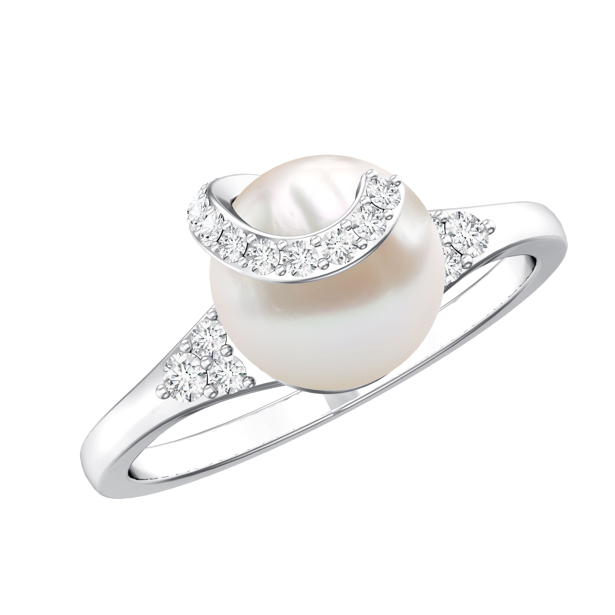 Elegant Freshwater Pearl Solitaire Ring with Diamond Trio