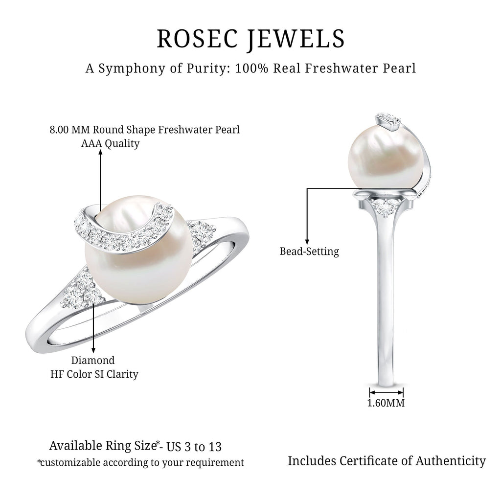 Elegant Freshwater Pearl Solitaire Ring with Diamond Trio