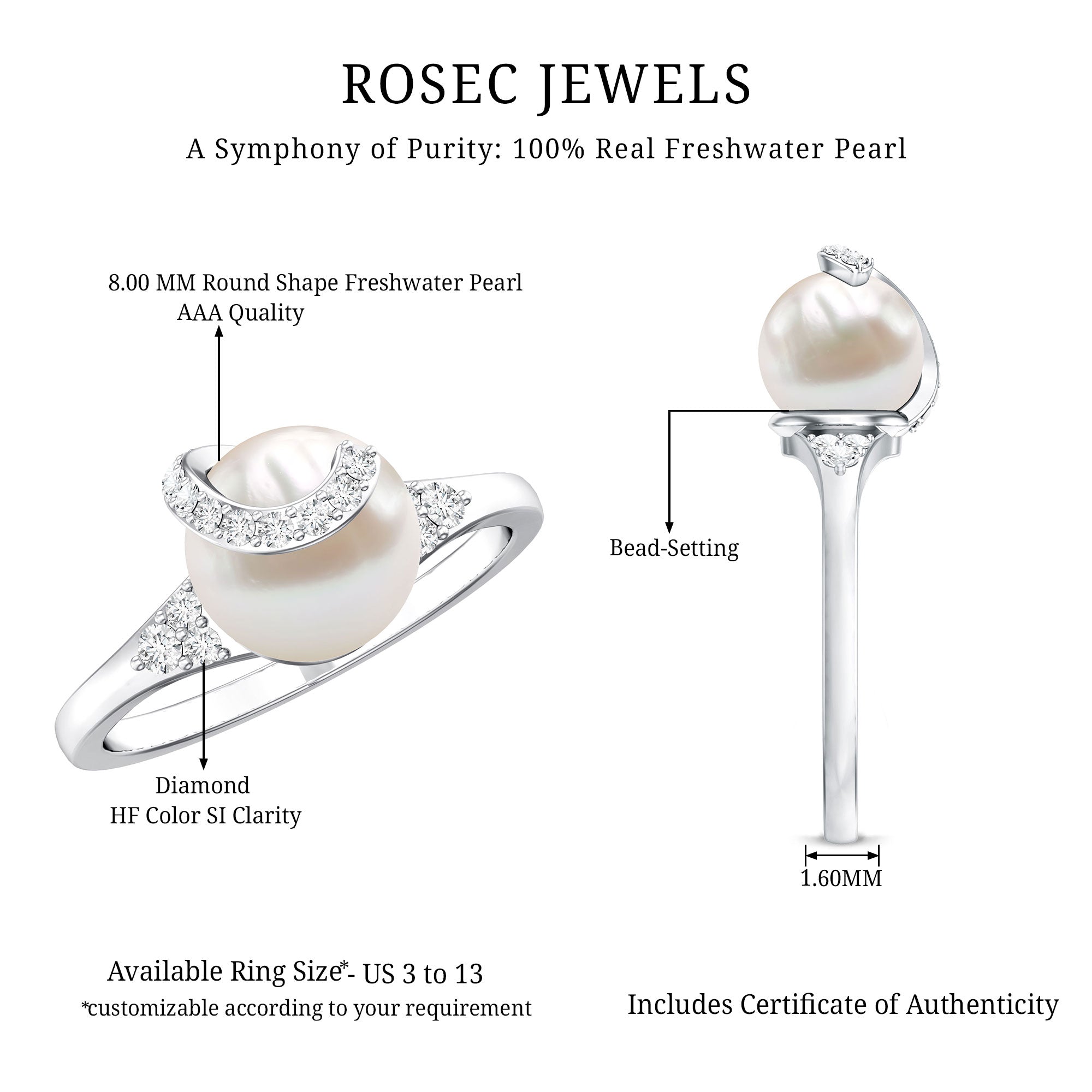 Elegant Freshwater Pearl Solitaire Ring with Diamond Trio