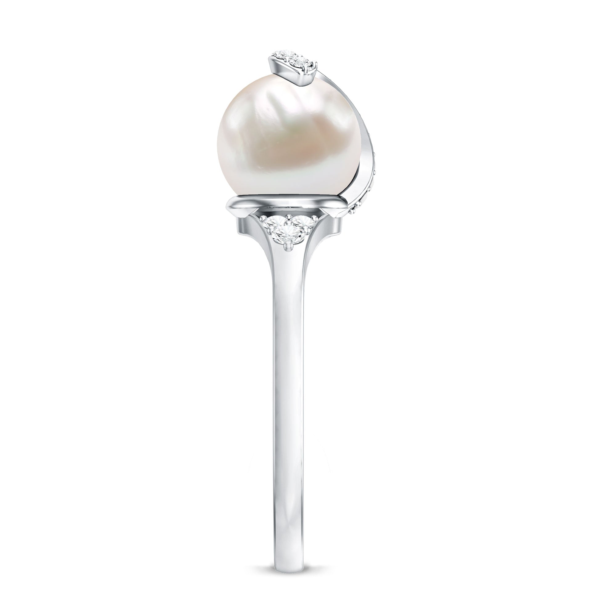 Elegant Freshwater Pearl Solitaire Ring with Diamond Trio