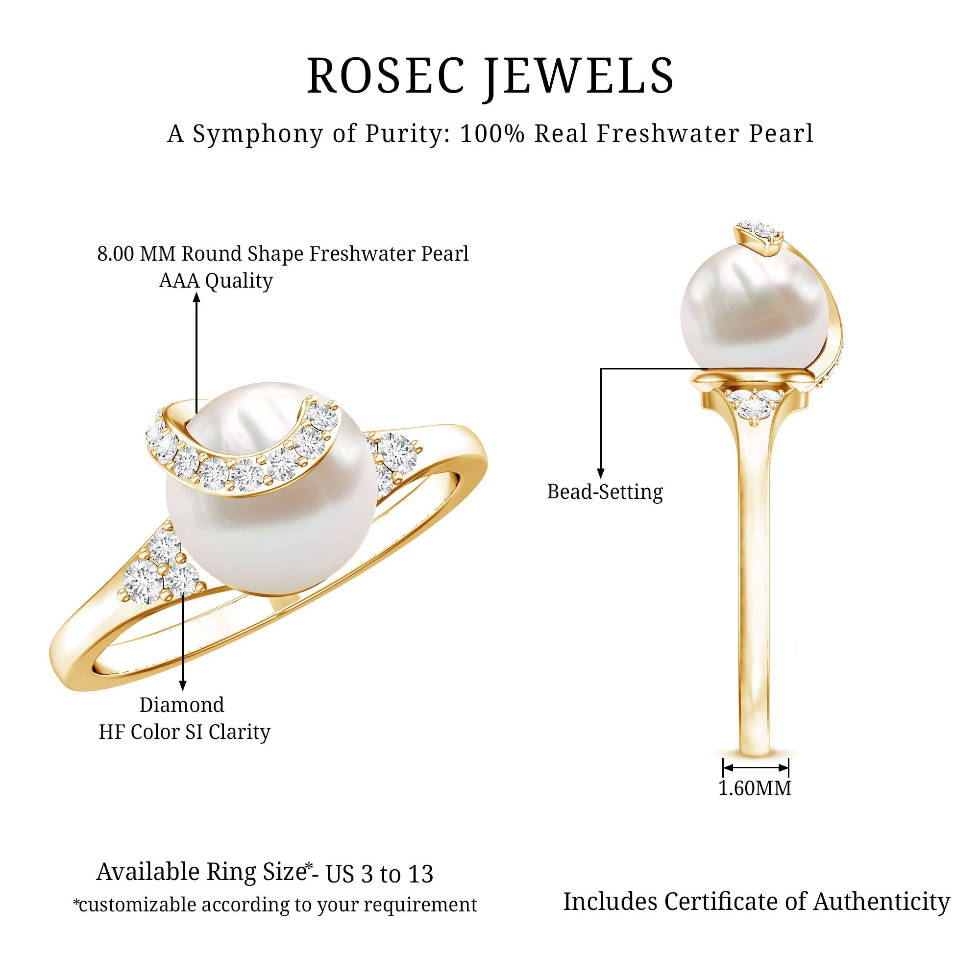 Elegant Freshwater Pearl Solitaire Ring with Diamond Trio