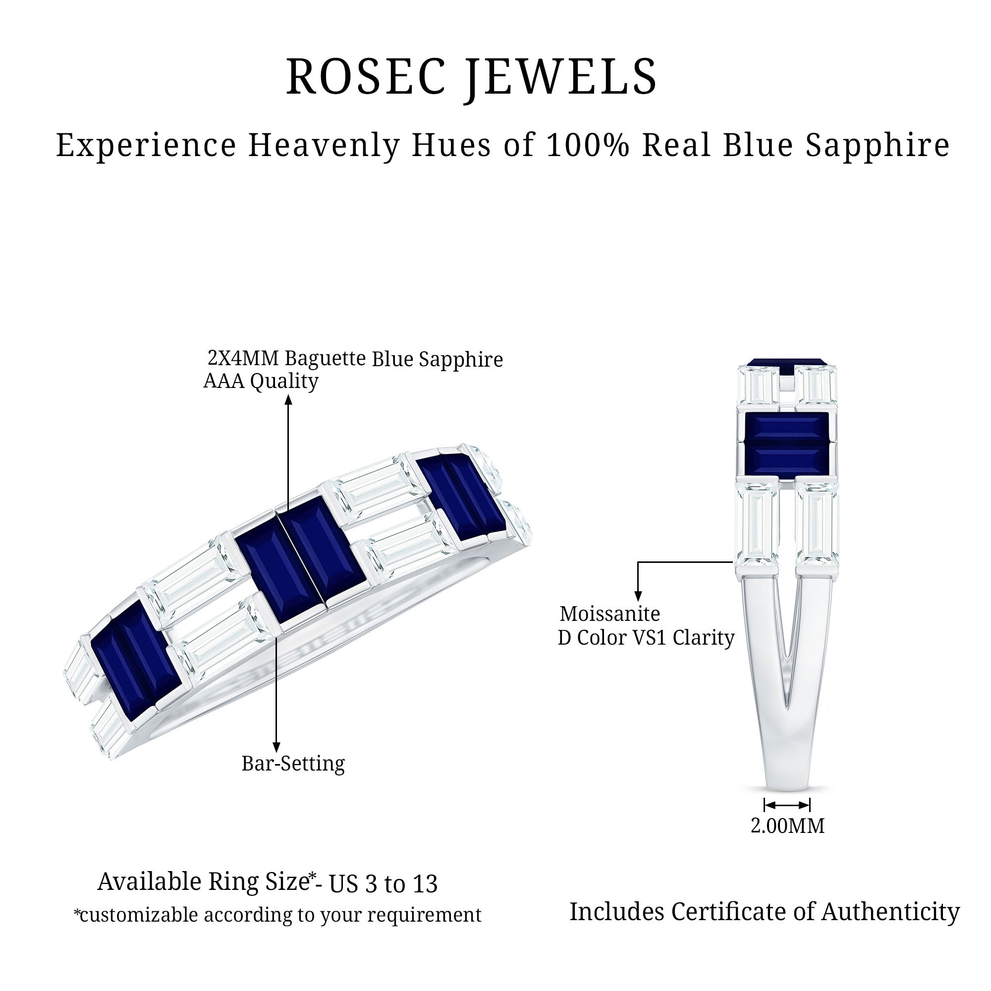 Baguette Cut Blue Sapphire and Moissanite Half Eternity Ring