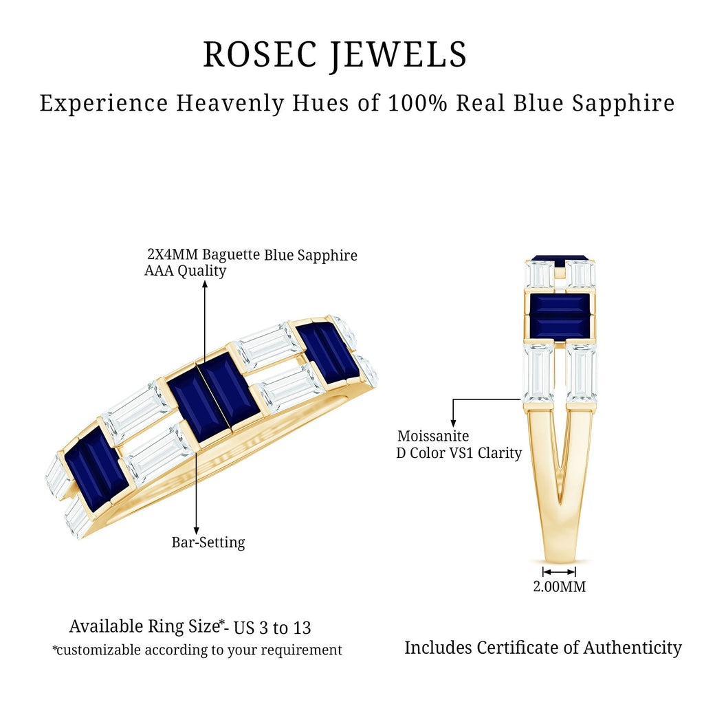 Baguette Cut Blue Sapphire and Moissanite Half Eternity Ring