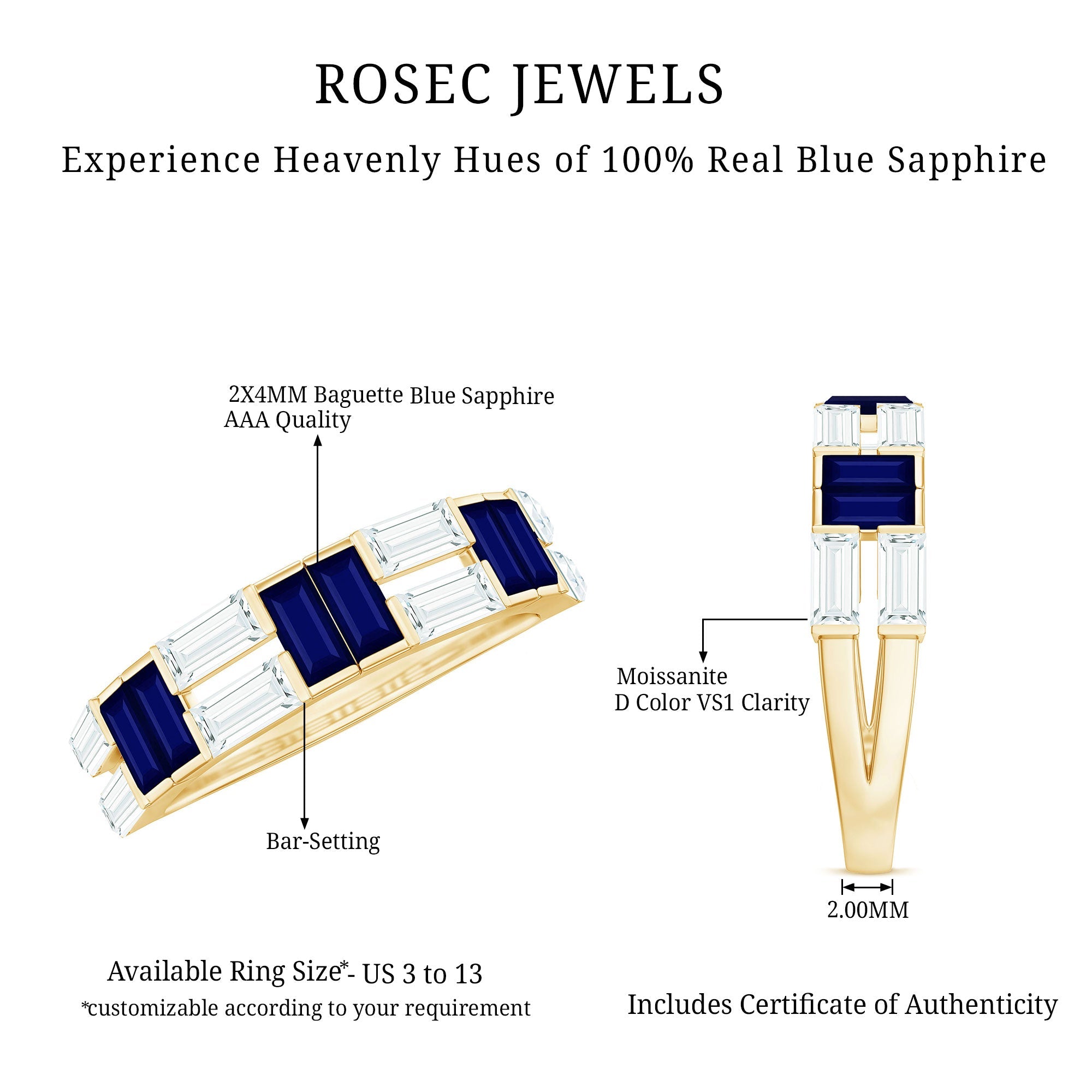 Baguette Cut Blue Sapphire and Moissanite Half Eternity Ring