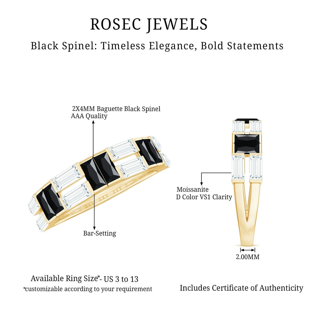 Natural Baguette Black Spinel Half Eternity Ring with Moissanite
