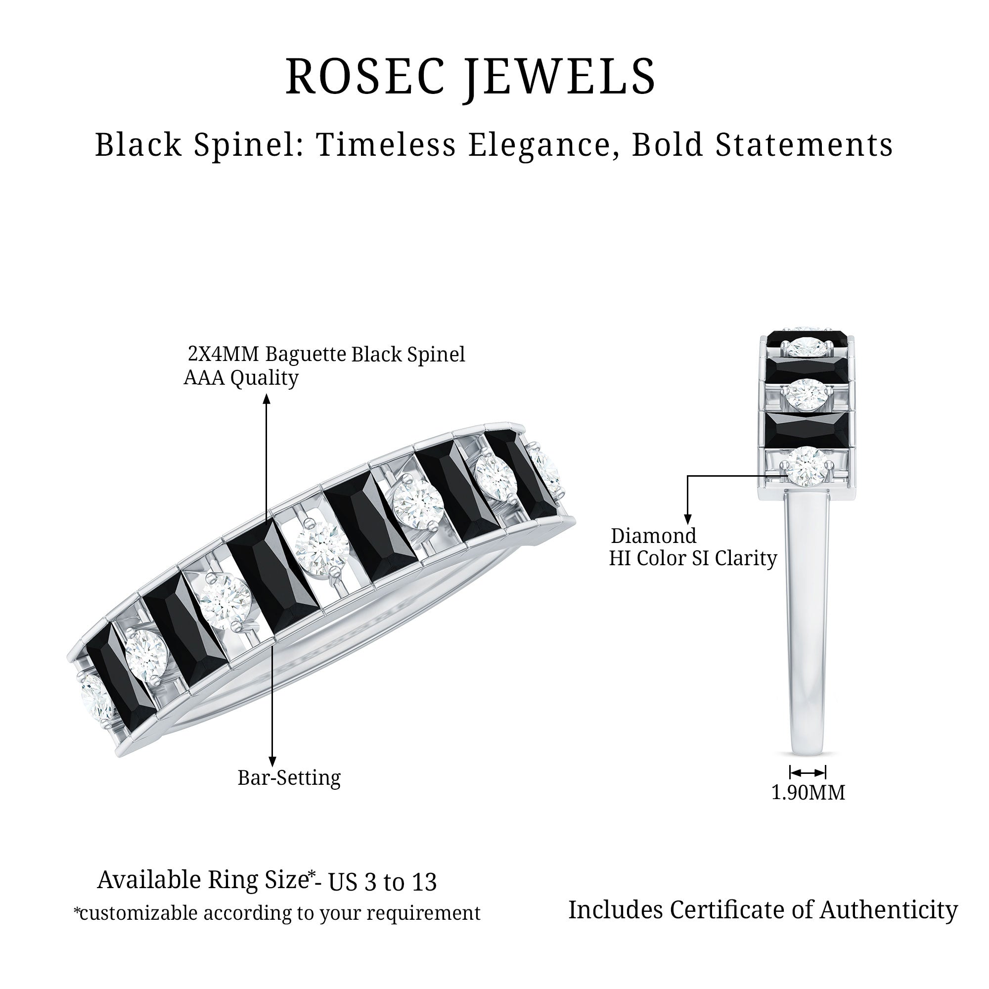 Natural Baguette Black Spinel Half Eternity Ring with Diamond