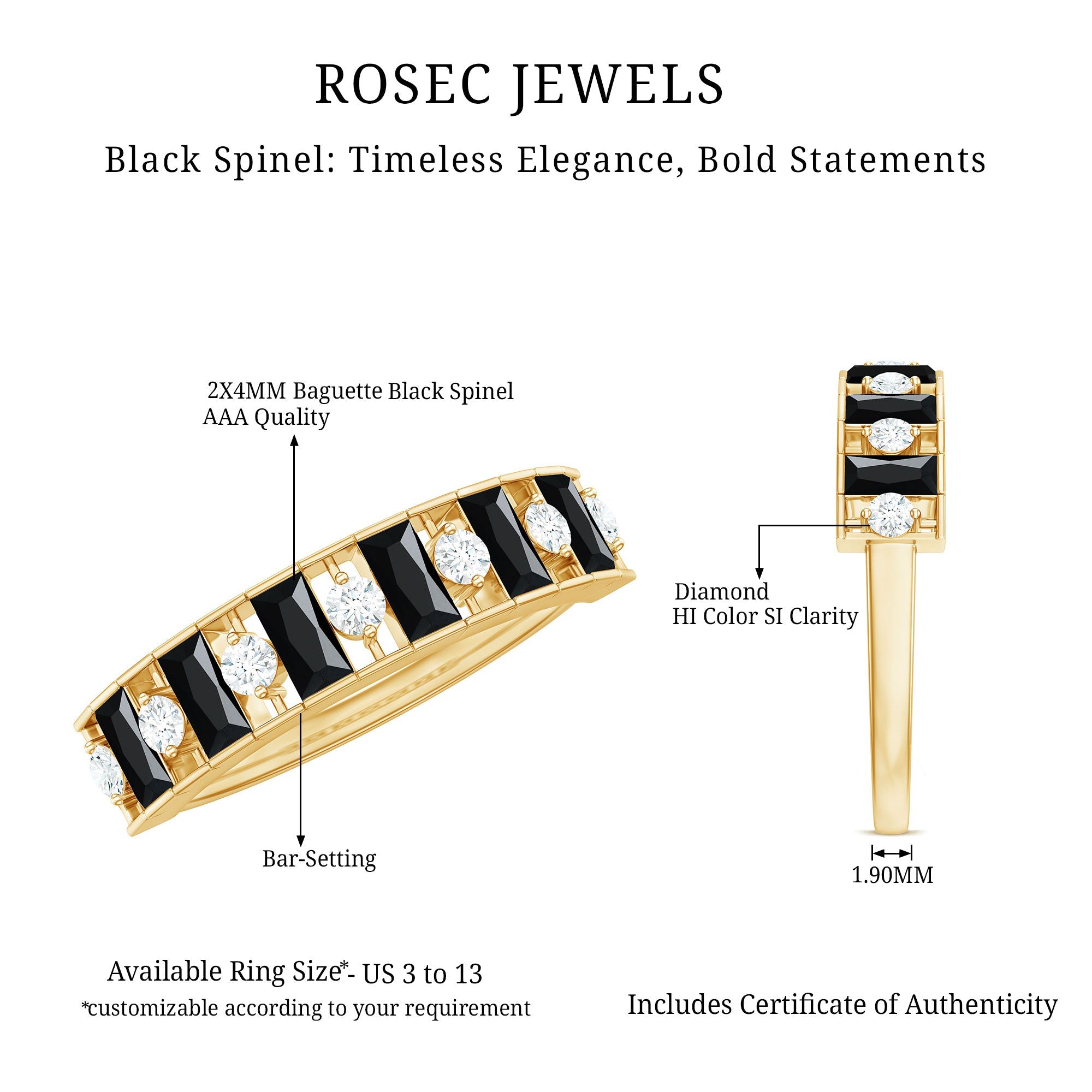 Natural Baguette Black Spinel Half Eternity Ring with Diamond