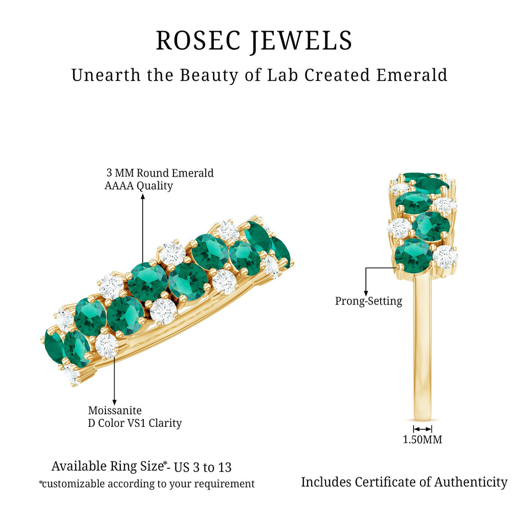 Certified Lab Grown Emerald Cluster Wedding Band with Moissanite