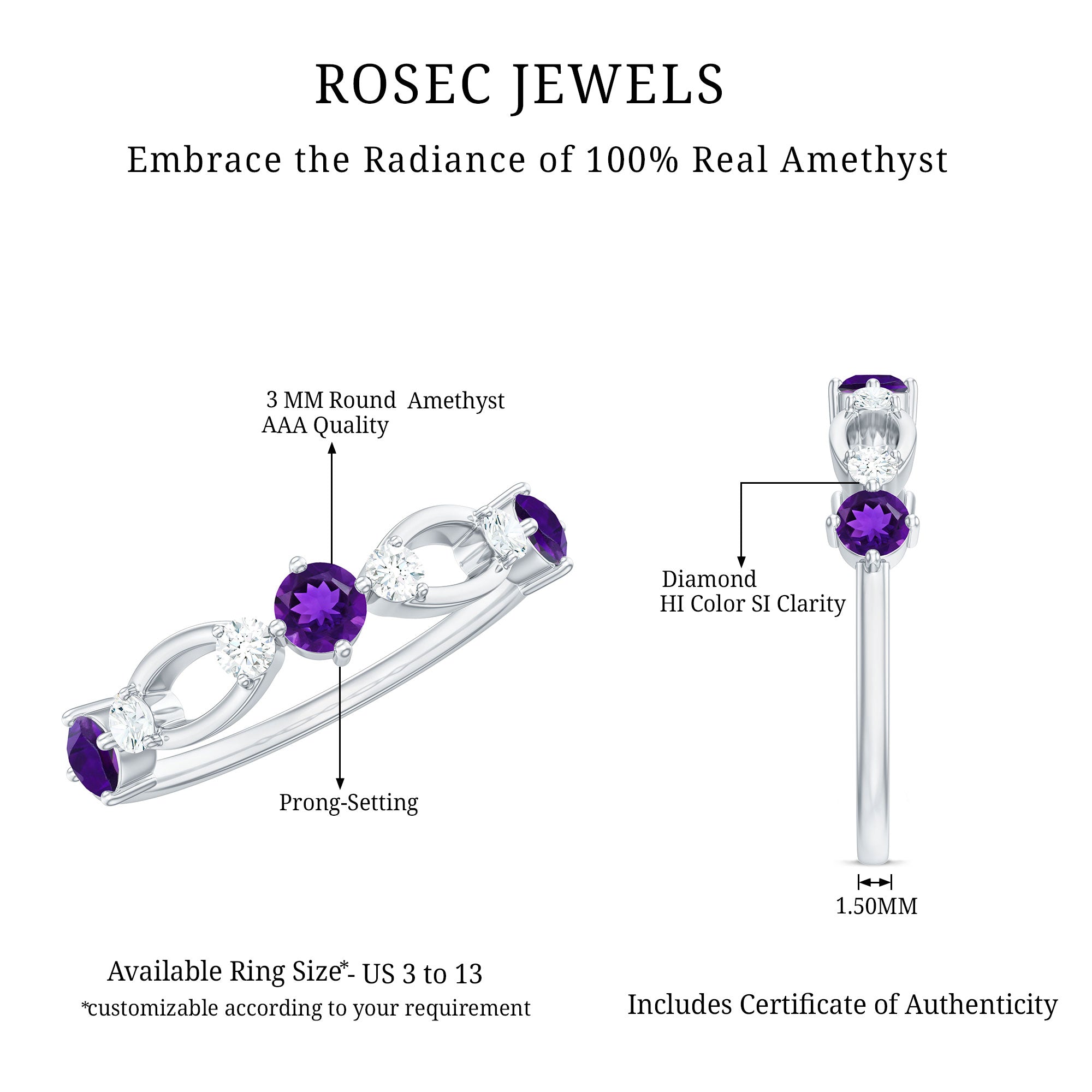 Real Amethyst and Diamond Minimal Promise Ring