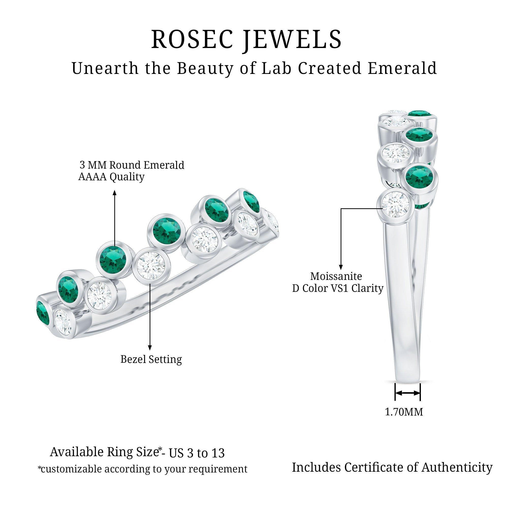Simple Bezel Set Round Created Emerald and Moissanite Half Eternity Ring
