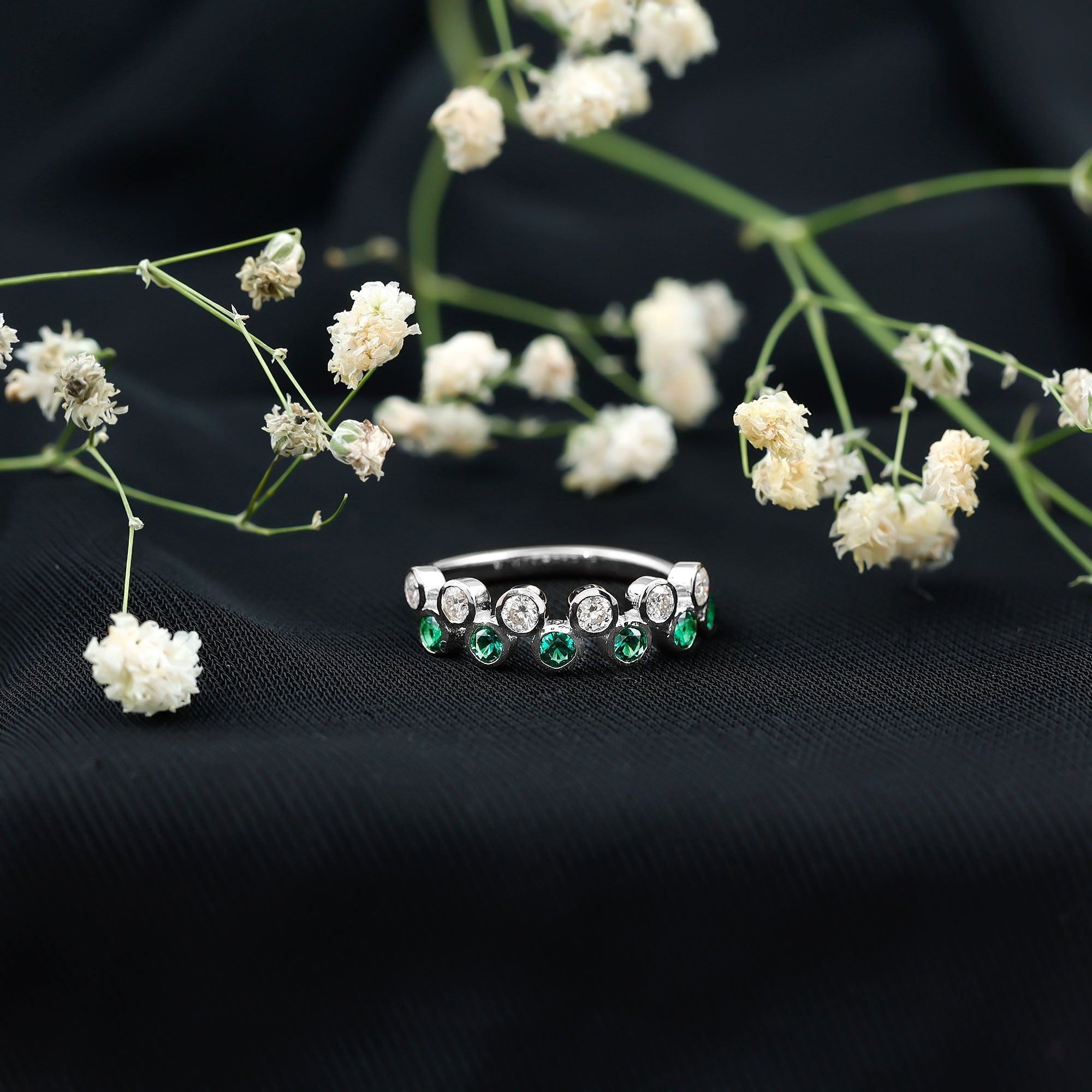 Simple Bezel Set Round Created Emerald and Moissanite Half Eternity Ring