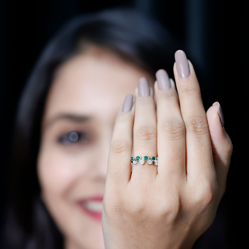 Simple Bezel Set Round Created Emerald and Moissanite Half Eternity Ring