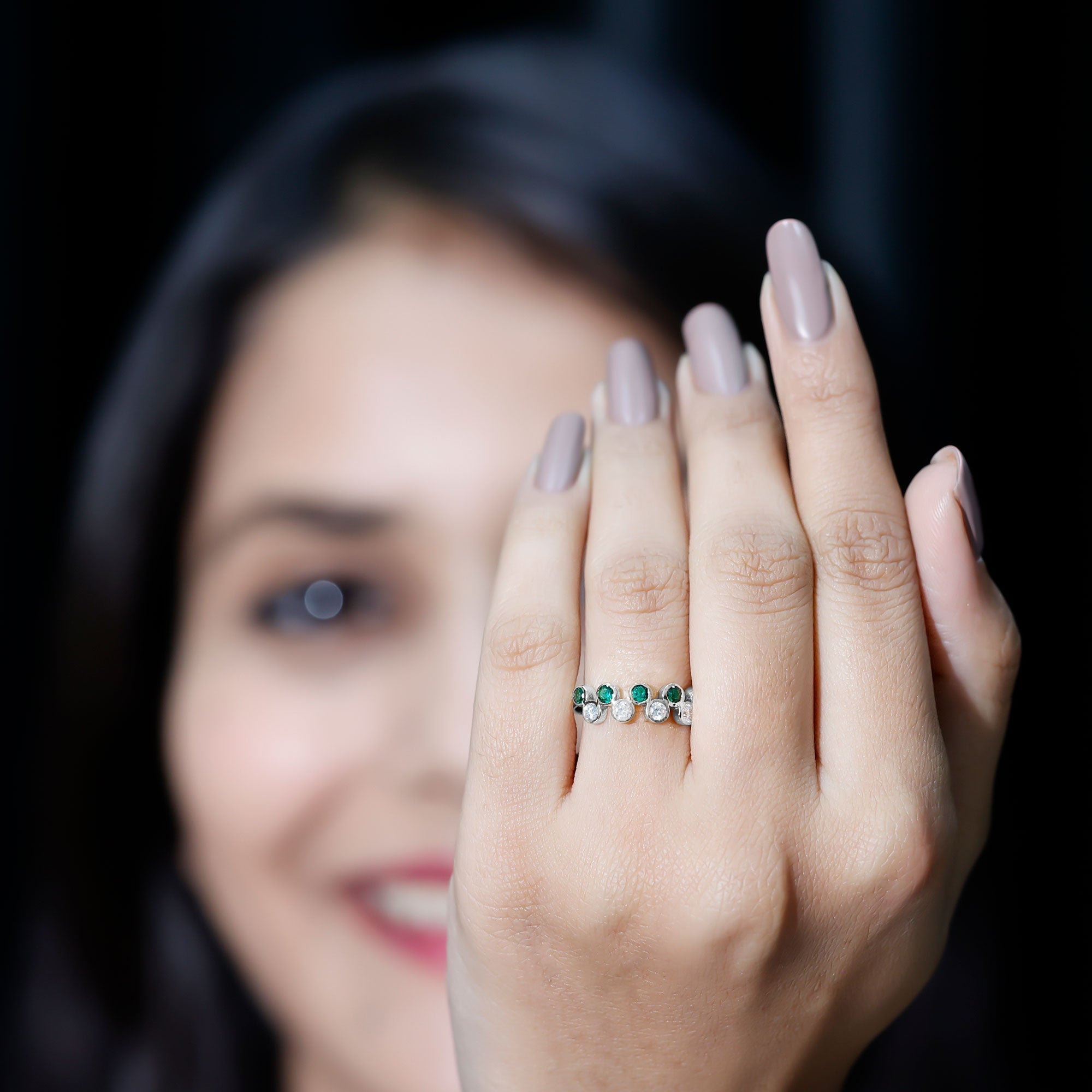 Simple Bezel Set Round Created Emerald and Moissanite Half Eternity Ring