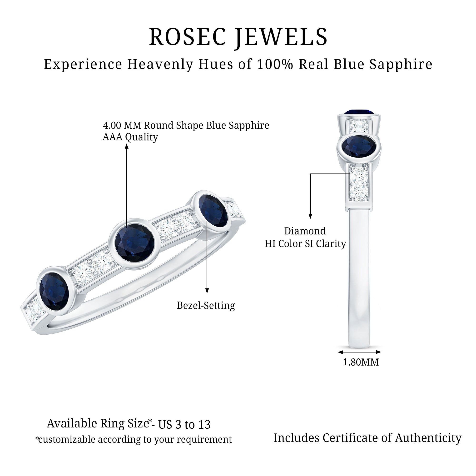 Blue Sapphire and Diamond Minimal Eternity Ring