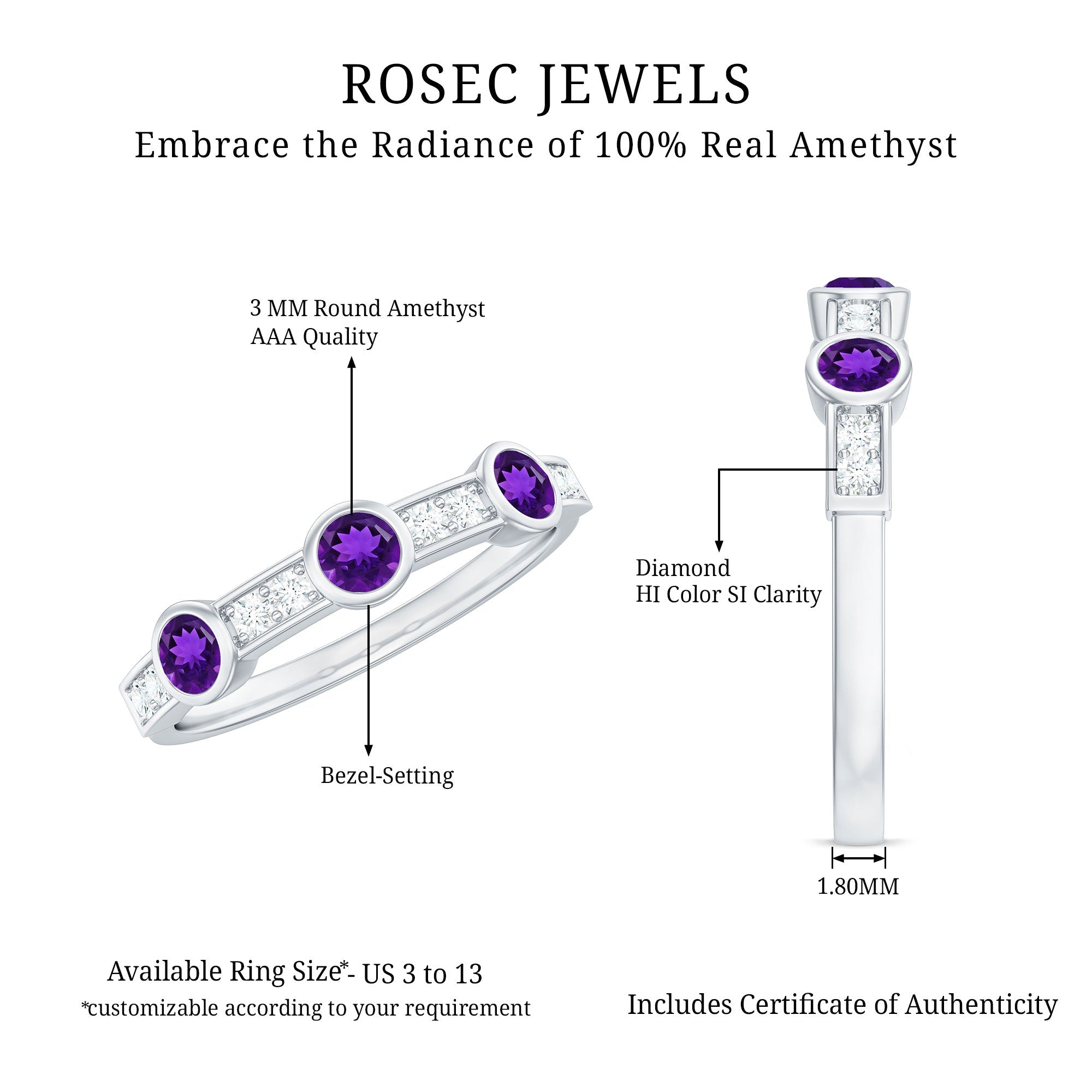 Amethyst and Diamond Minimal Half Eternity Ring