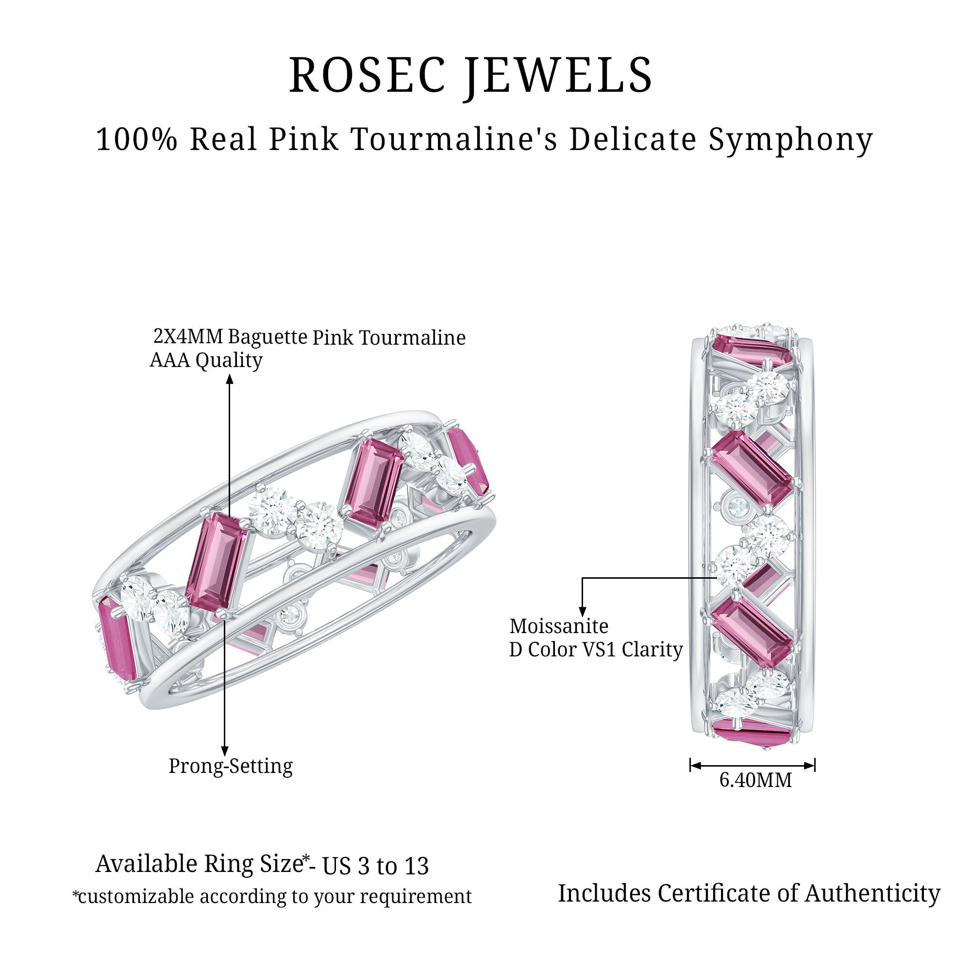 Pink Tourmaline and Moissanite Wide Eternity Ring