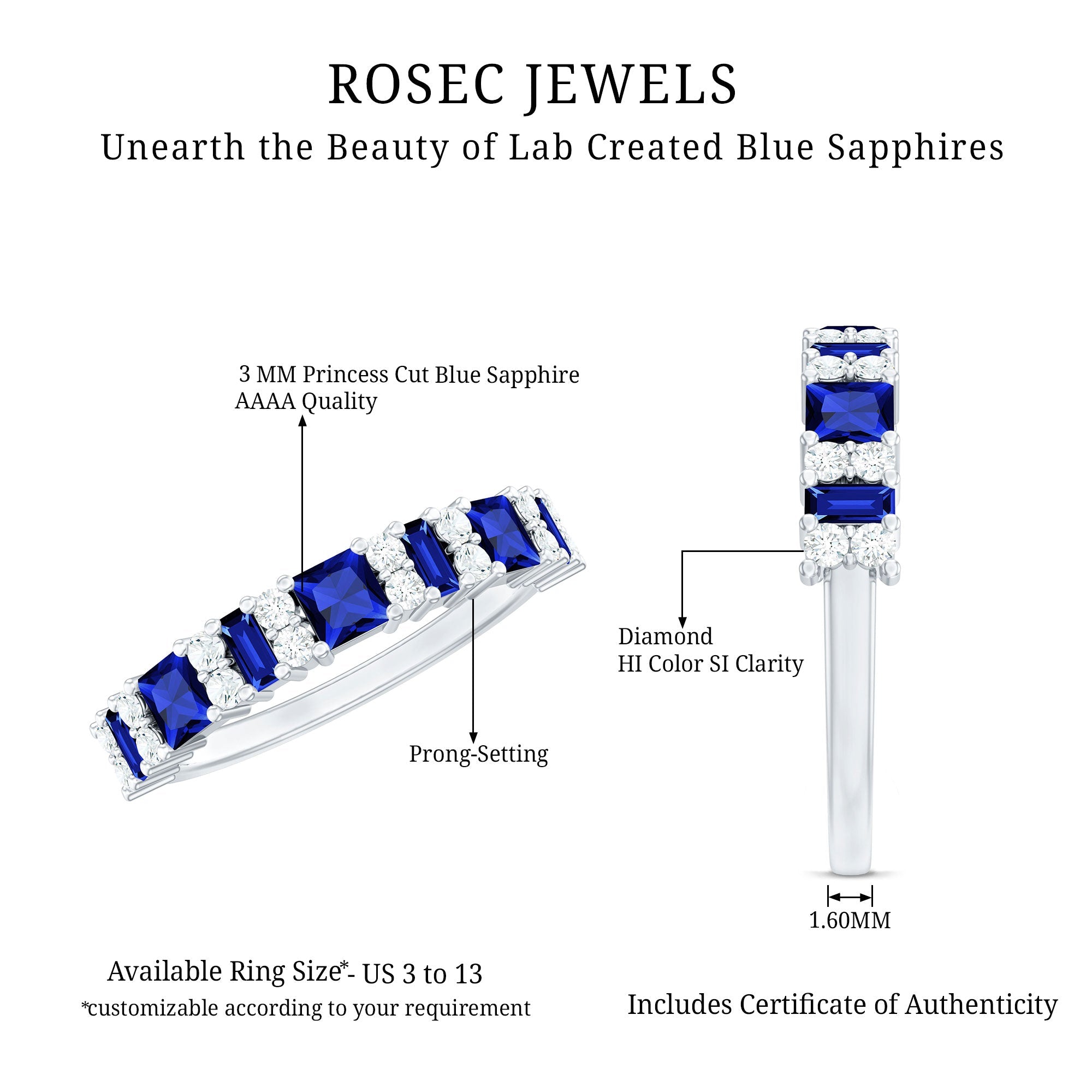 Certified Lab Grown Blue Sapphire Half Eternity Wedding Band with Diamond