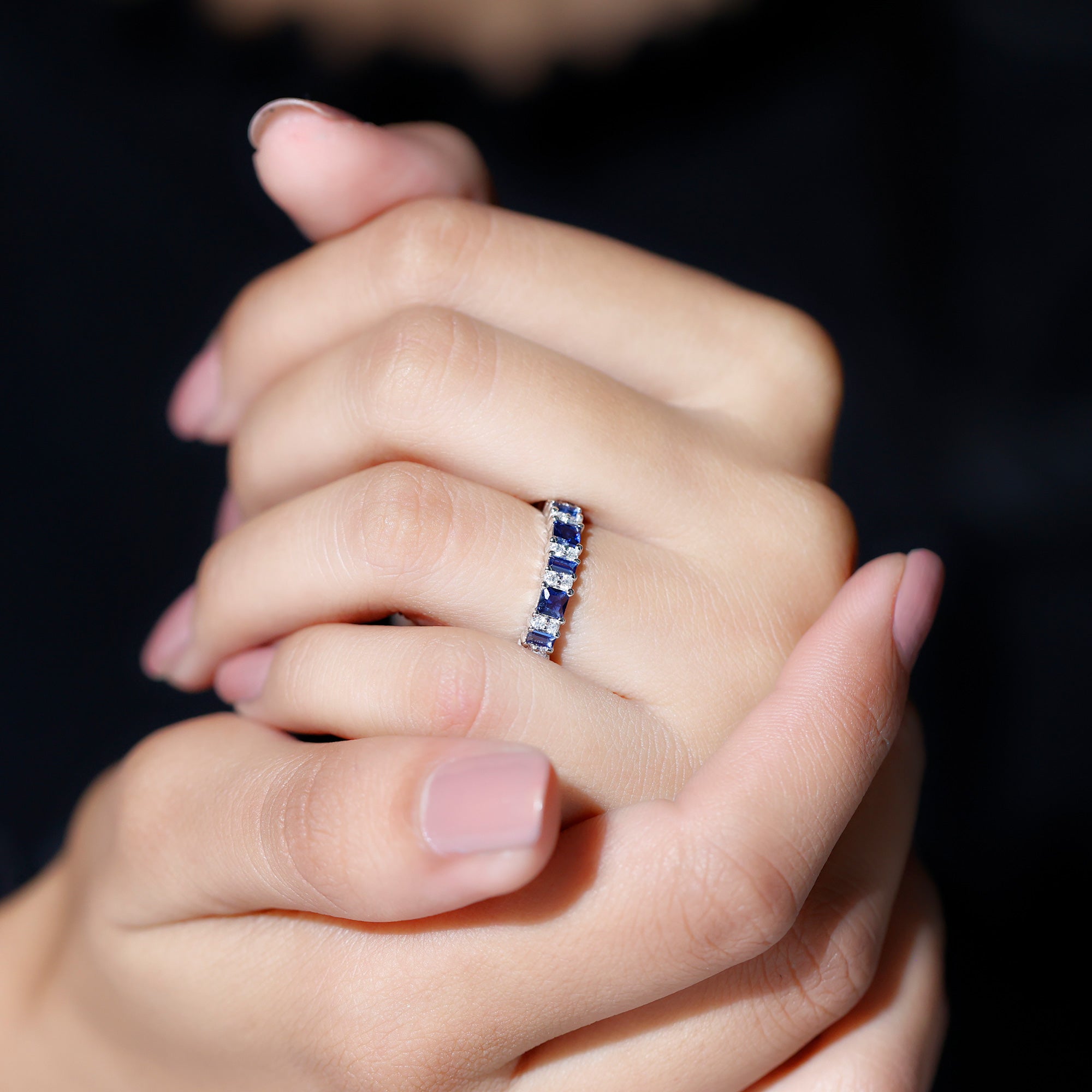 Certified Lab Grown Blue Sapphire Half Eternity Wedding Band with Diamond