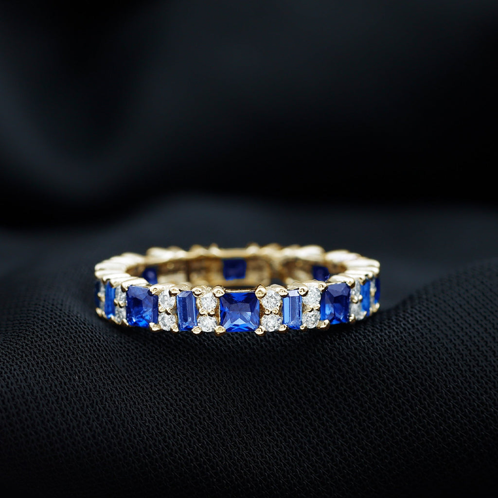 Certified Lab Grown Blue Sapphire Half Eternity Wedding Band with Diamond