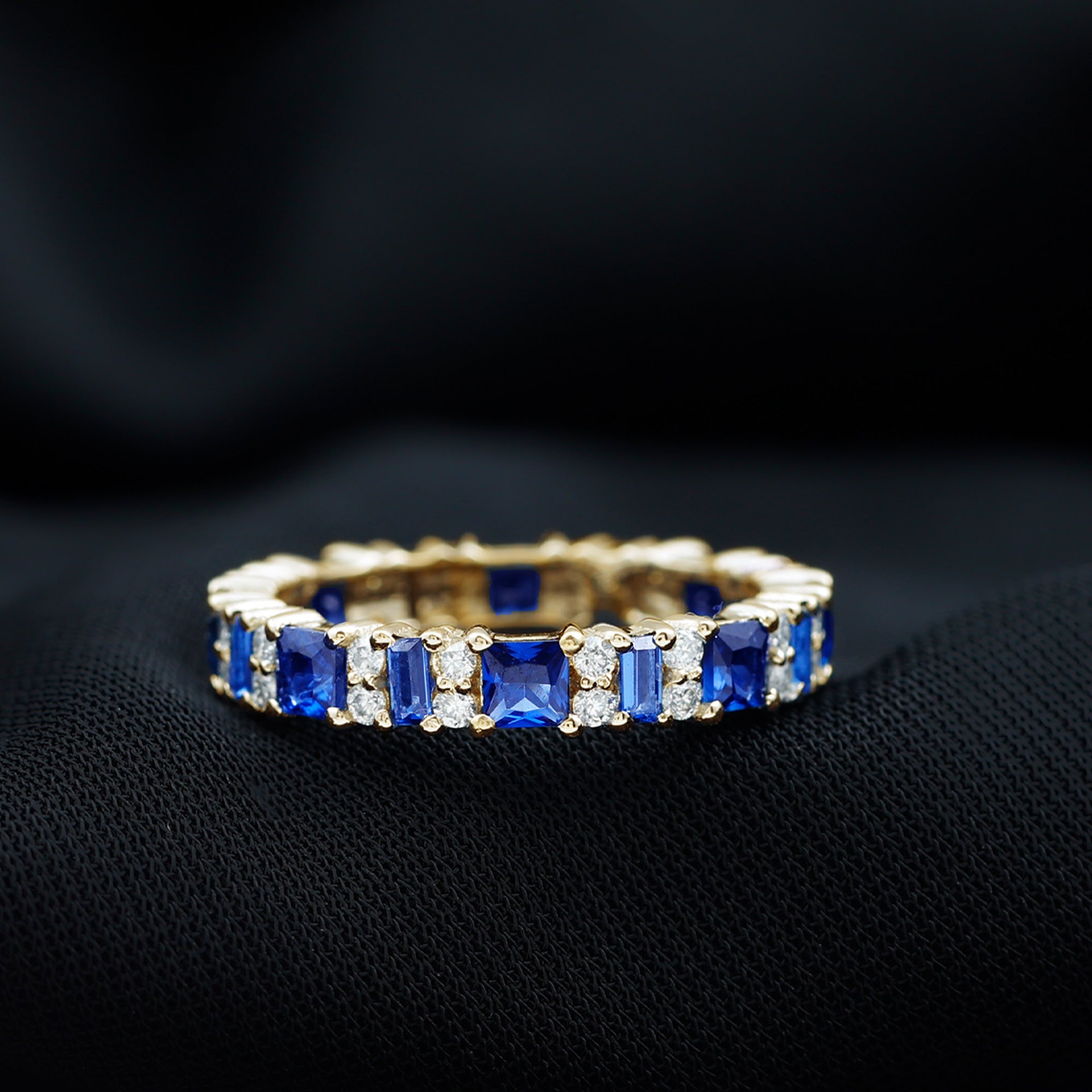 Certified Lab Grown Blue Sapphire Half Eternity Wedding Band with Diamond