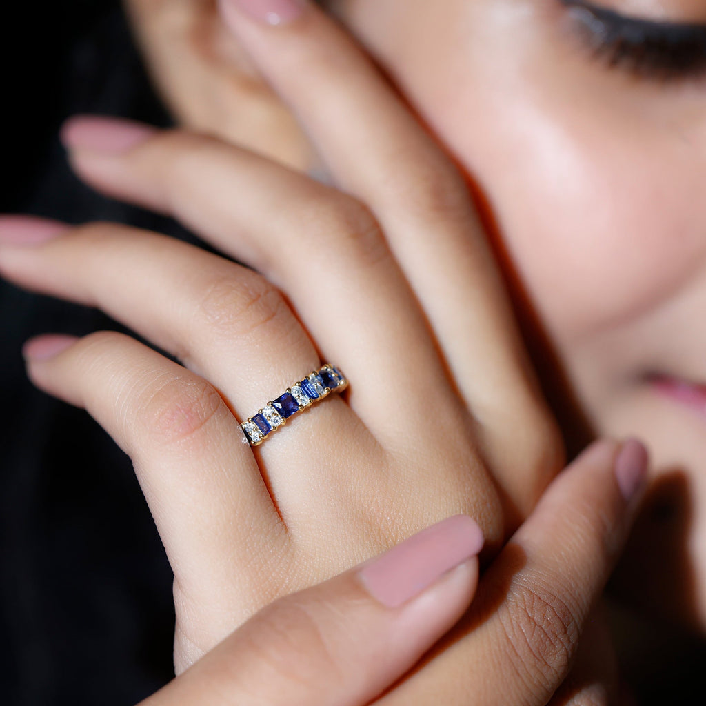 Certified Lab Grown Blue Sapphire Half Eternity Wedding Band with Diamond