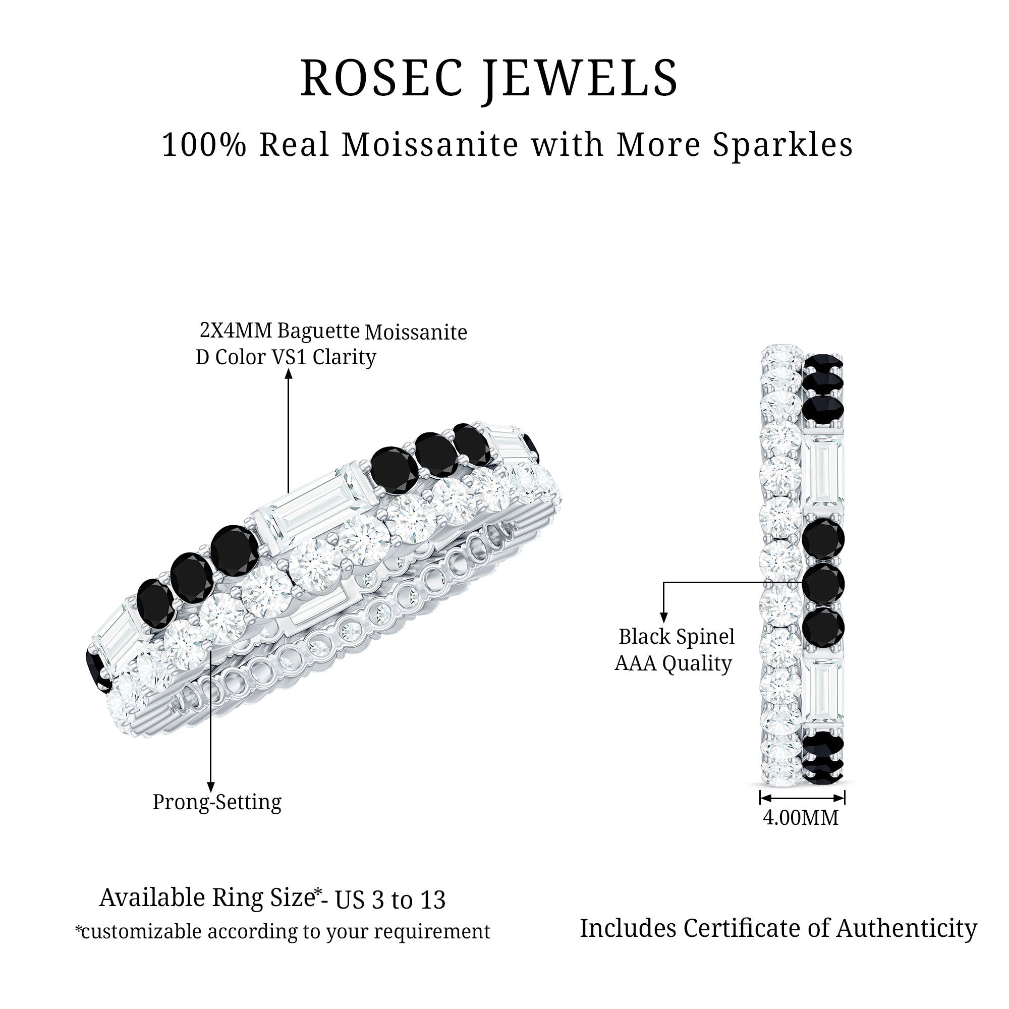 Certified Real 2 Row Black Spinel Eternity Ring with Moissanite