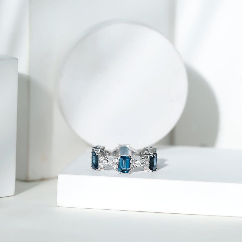4X6mm Emerald Cut London Blue Topaz Designer Eternity Ring with Moissanite