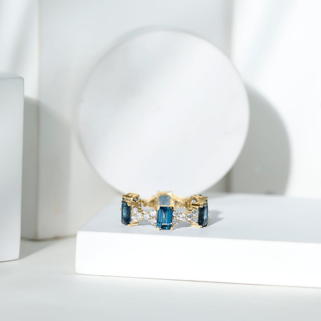 4X6mm Emerald Cut London Blue Topaz Designer Eternity Ring with Moissanite