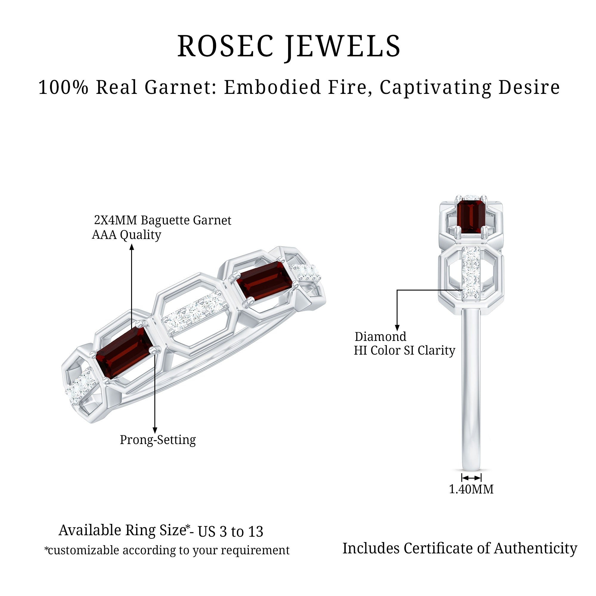 Genuine Baguette Garnet Diamond Wedding Band Ring