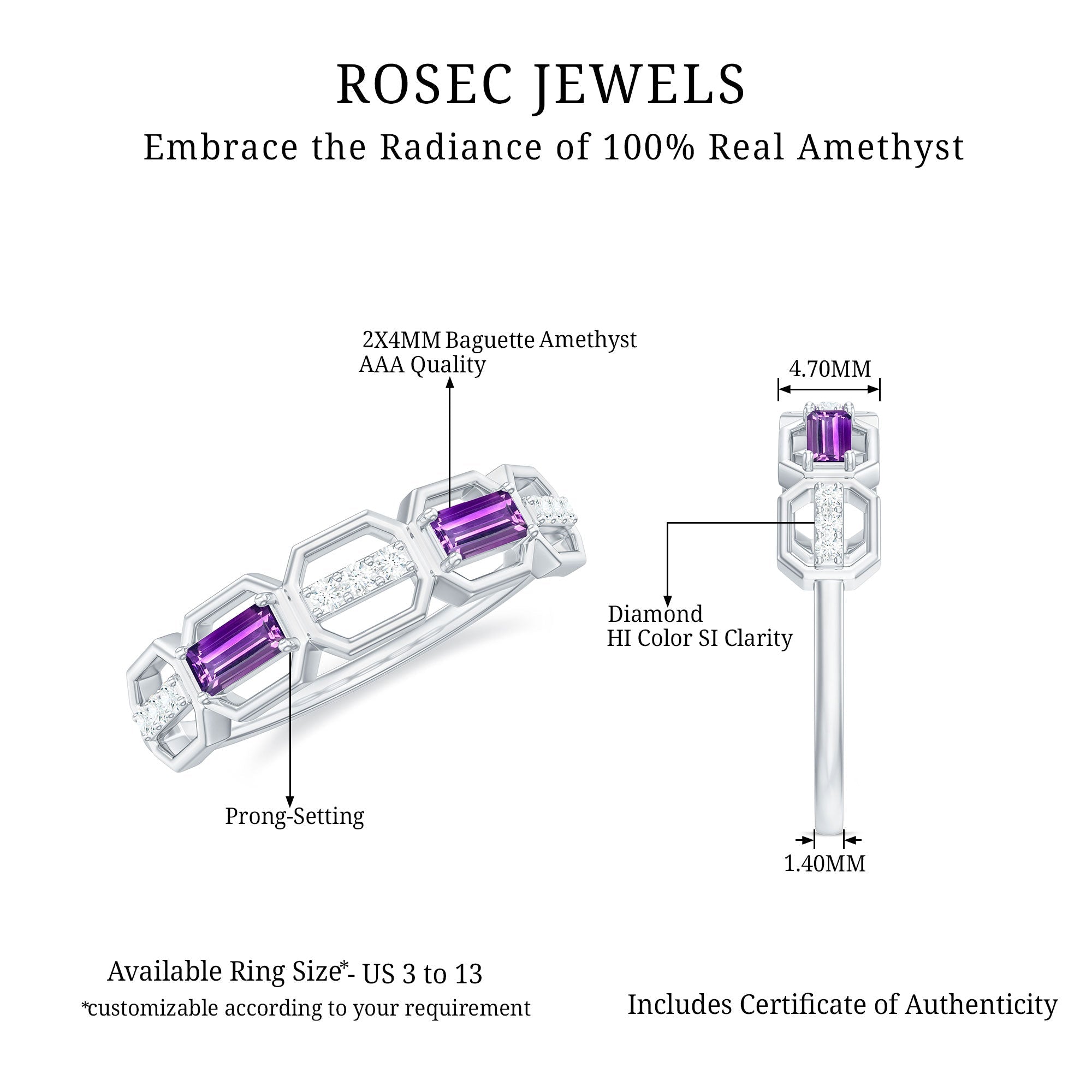 Amethyst and Diamond Geometric Half Eternity Ring